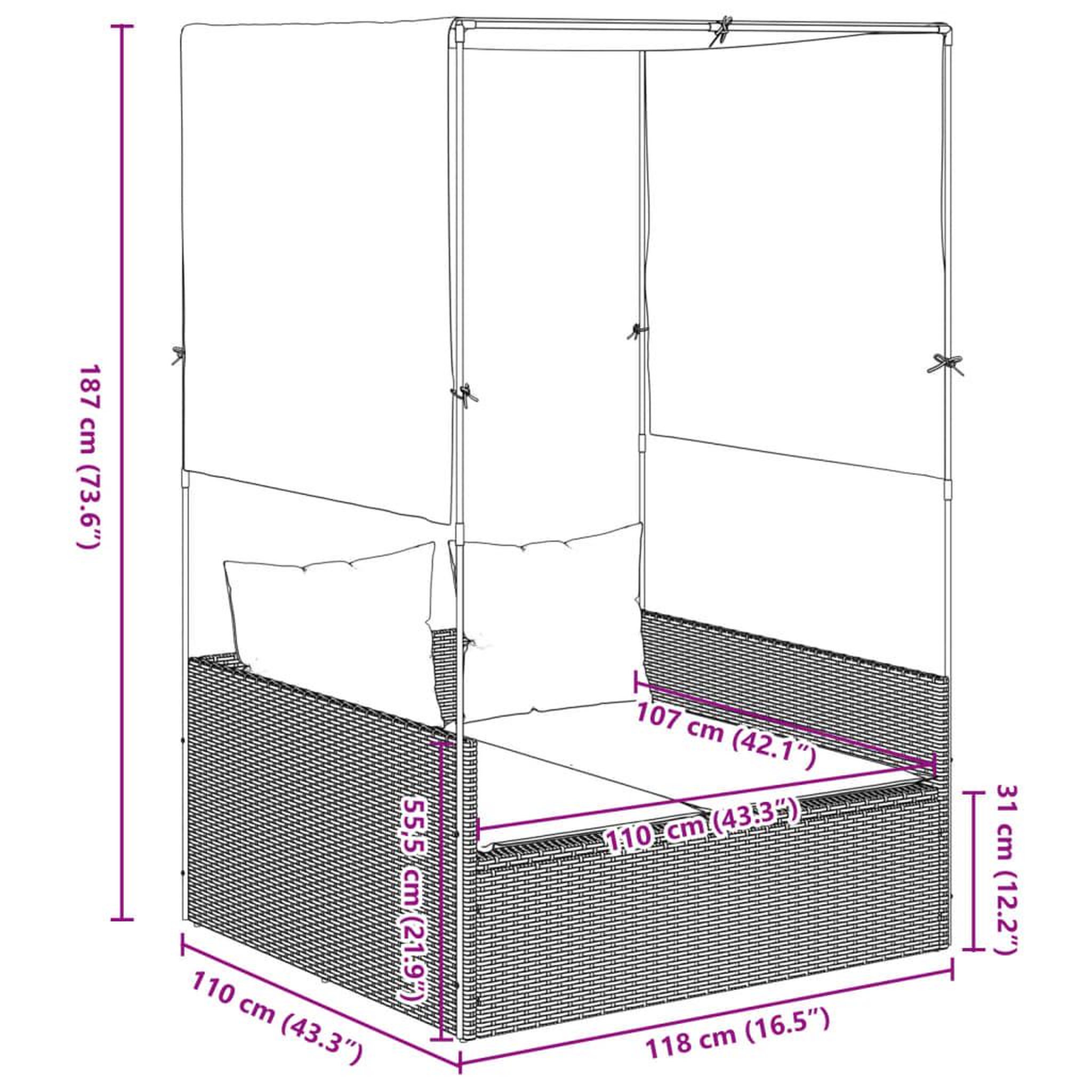 Voir la diapositive 6 : VIDAXL Chaise longue double avec toit et rideaux gris resine tressee