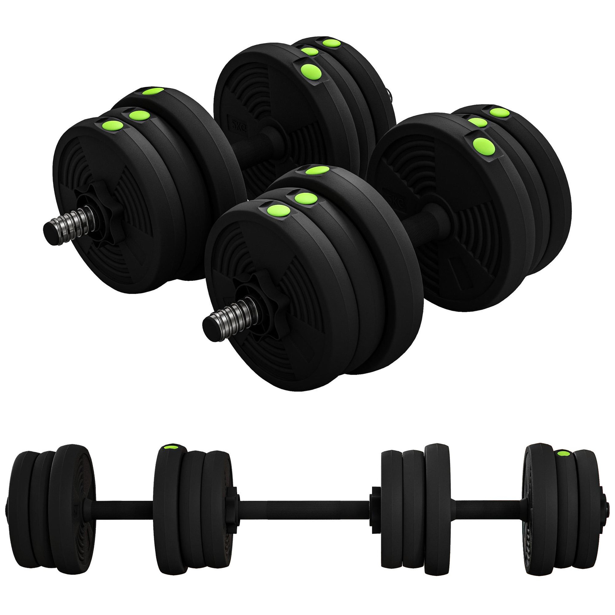 HOMCOM Haltères 2 en 1 réglables - haltères libres 20 kg - barres incluses - entraînement musculaire & haltérophilie - noir vert
