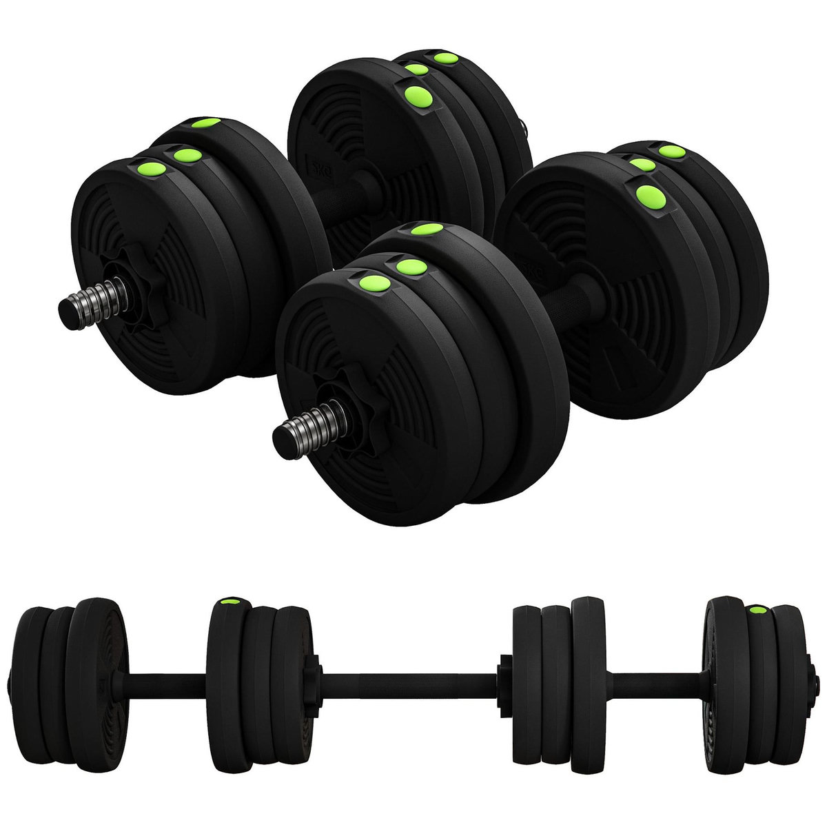 HOMCOM Haltères 2 en 1 réglables - haltères libres 20 Kg - barres incluses - entraînement musculaire & haltérophilie - noir vert