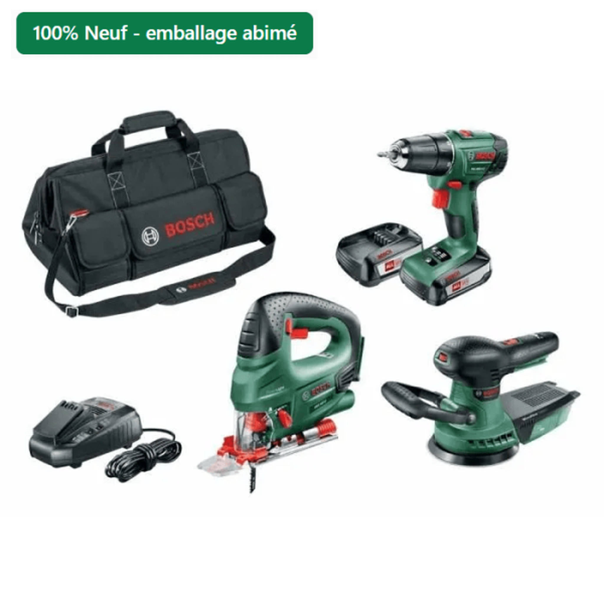 BOSCH [neuf – emballage abimé] pack 3 outils sans-fil 18v bosch - perceuse psr 1800 li-2 + scie sauteuse pst 18 + ponceuse excentri