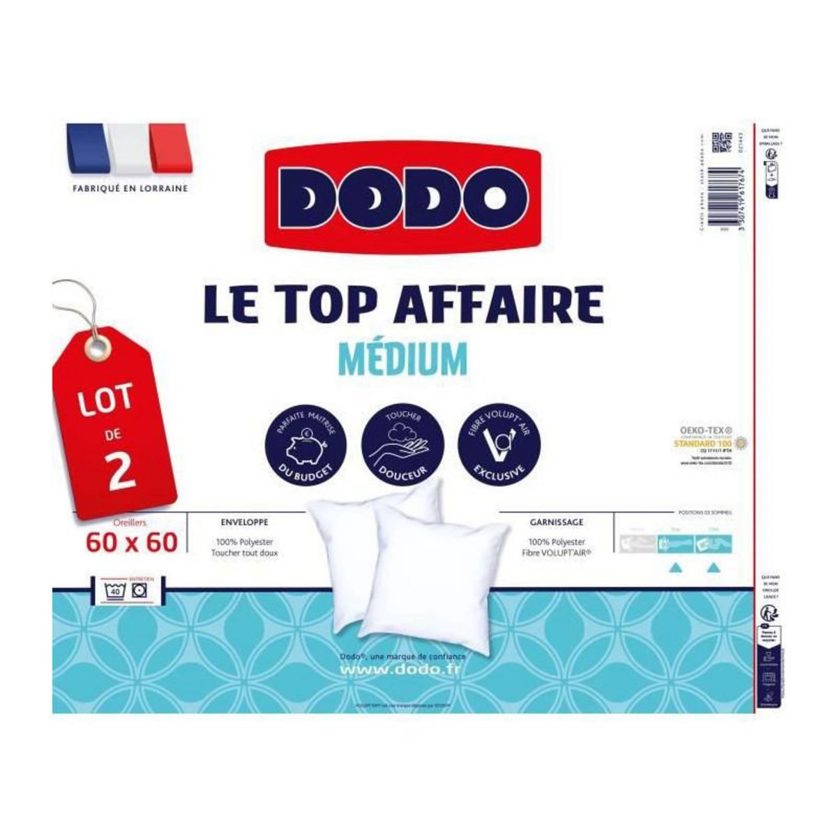DODO Lot de 2 Oreillers Le Top Affaire - 60 x 60 cm - 100% Polyester VOLUPT'AIR - DODO