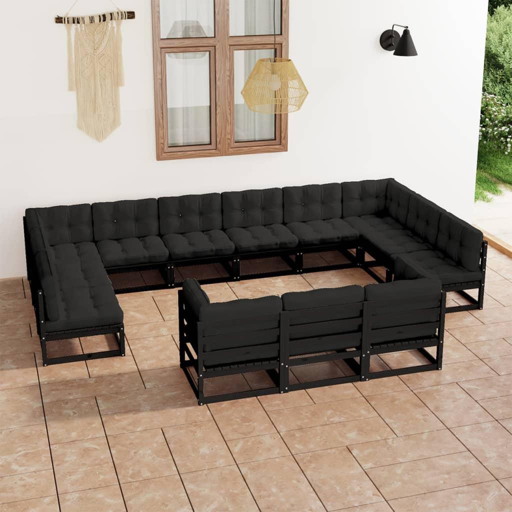 Voir la diapositive 1 : VIDAXL Salon de jardin 13 pcs avec coussins noir bois de pin massif