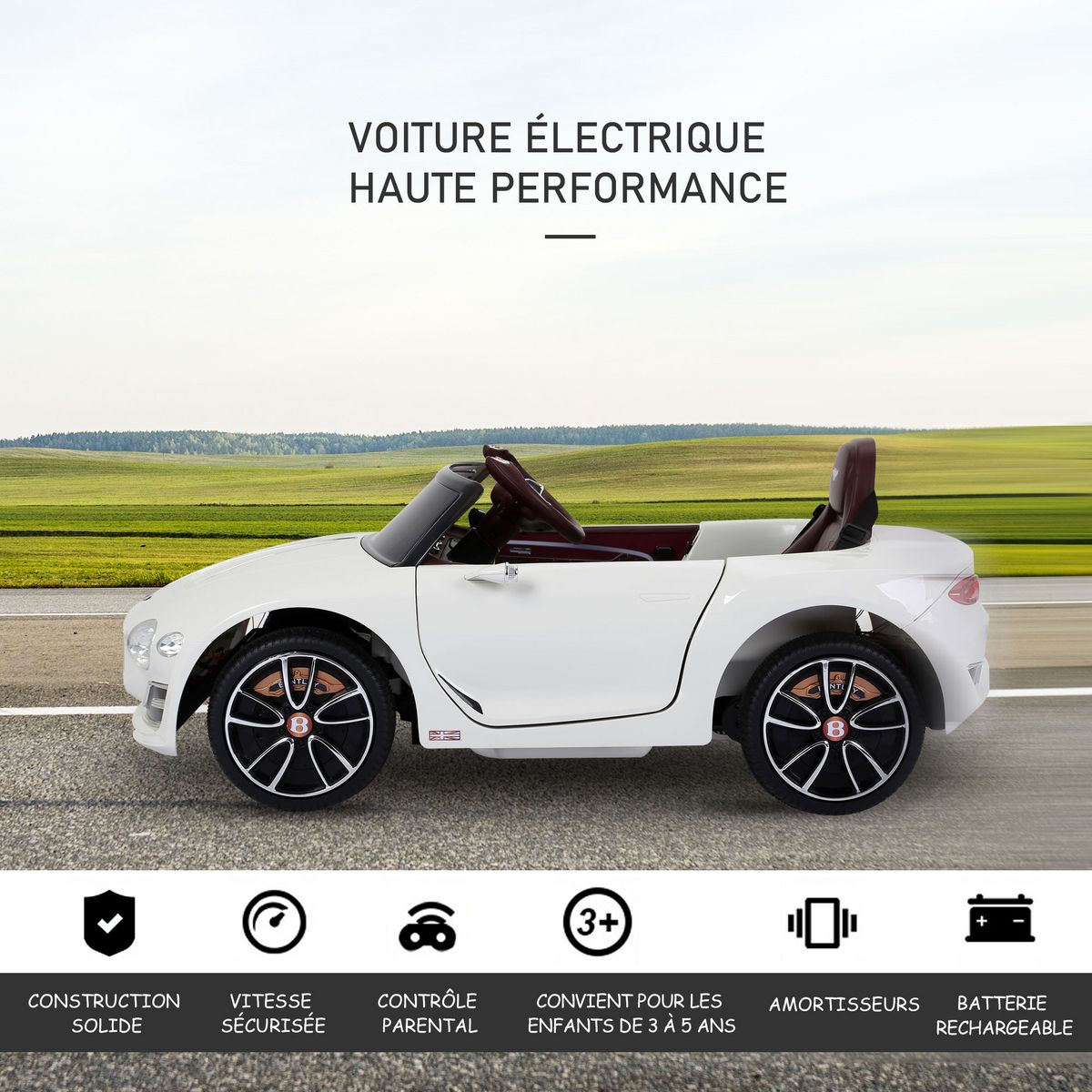 HOMCOM Véhicule électrique enfants 2 moteurs 108L x 60l x 43H cm télécommande effets sonores + lumineux blanc Bentley