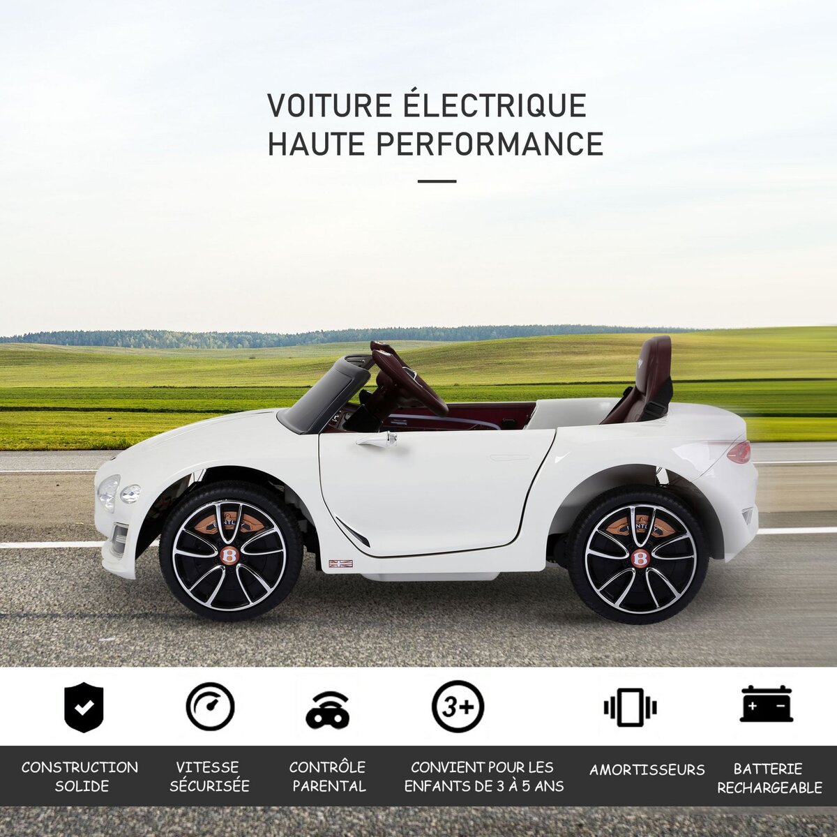 HOMCOM Véhicule électrique enfants 2 moteurs 108L x 60l x 43H cm télécommande effets sonores + lumineux blanc Bentley