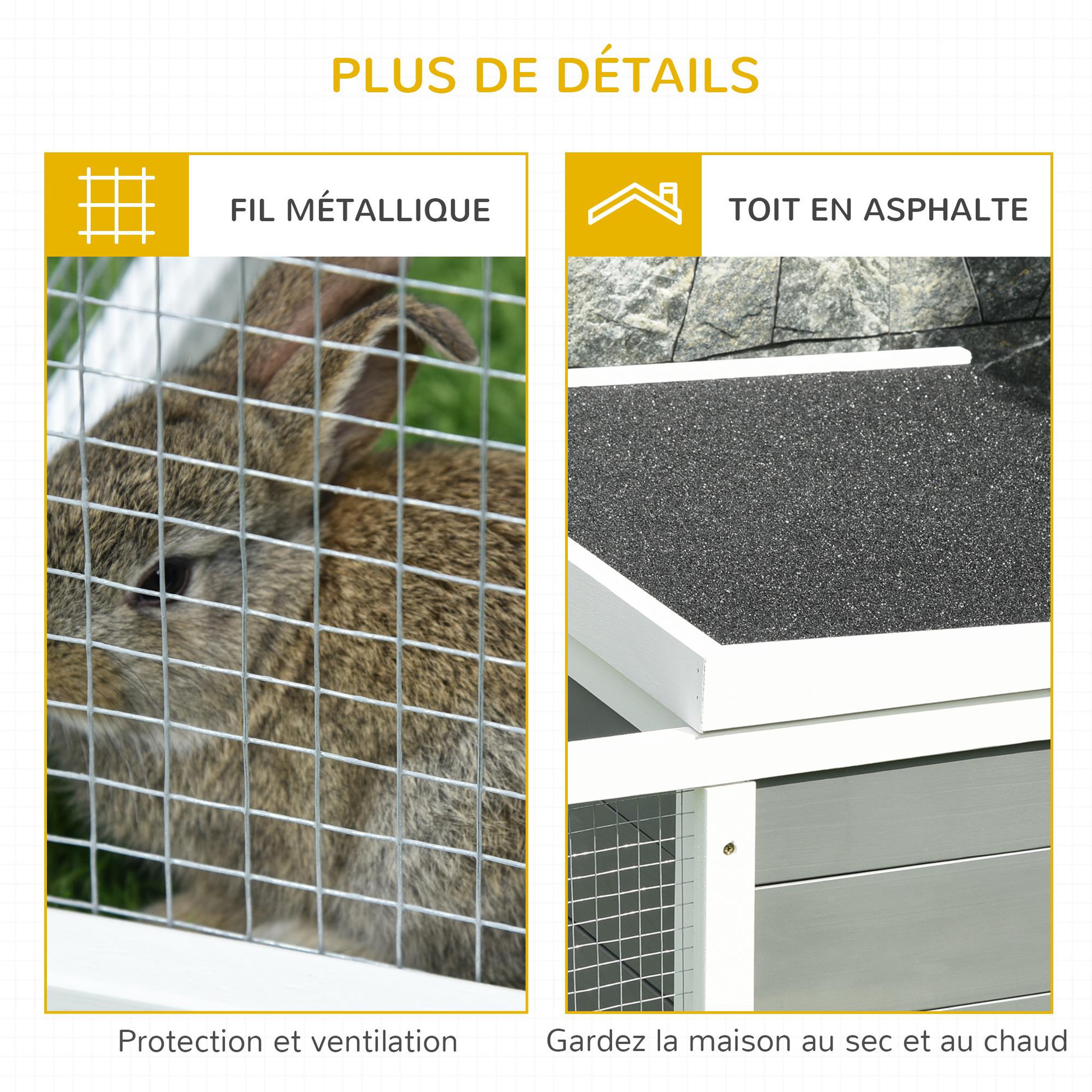 Voir la diapositive 6 : PAWHUT Clapier de sol enclos extérieur niche porte double toit ouvrant fil métallique bois sapin pré-huilé peint gris blanc