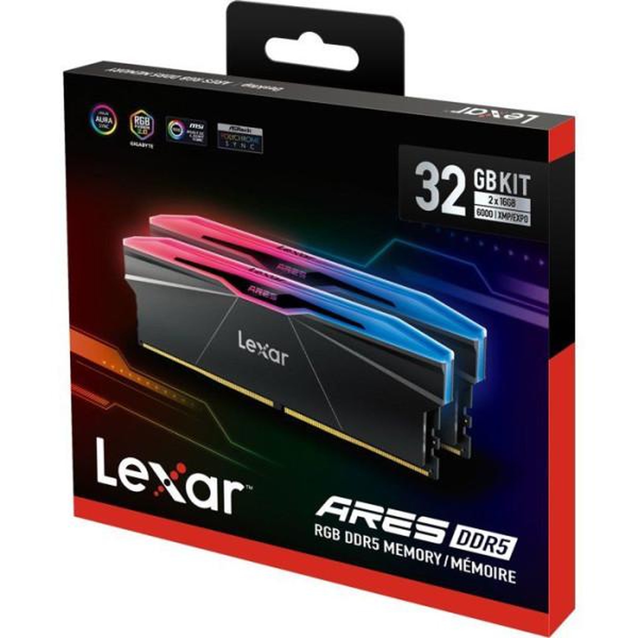 Voir la diapositive 5 : Lexar Barrette Mémoire - LEXAR Ares - DDR5 6000 - CL32 1.35 V - 32 Go (2x 16 Go) - Dissipateur thermique sans RGB - Noir