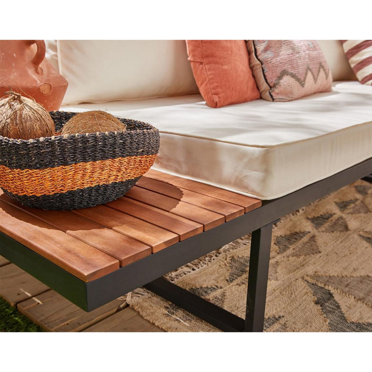 BEST MOBILIER Yulara - salon bas d'angle de jardin 5 places - bois, métal et coussins beiges