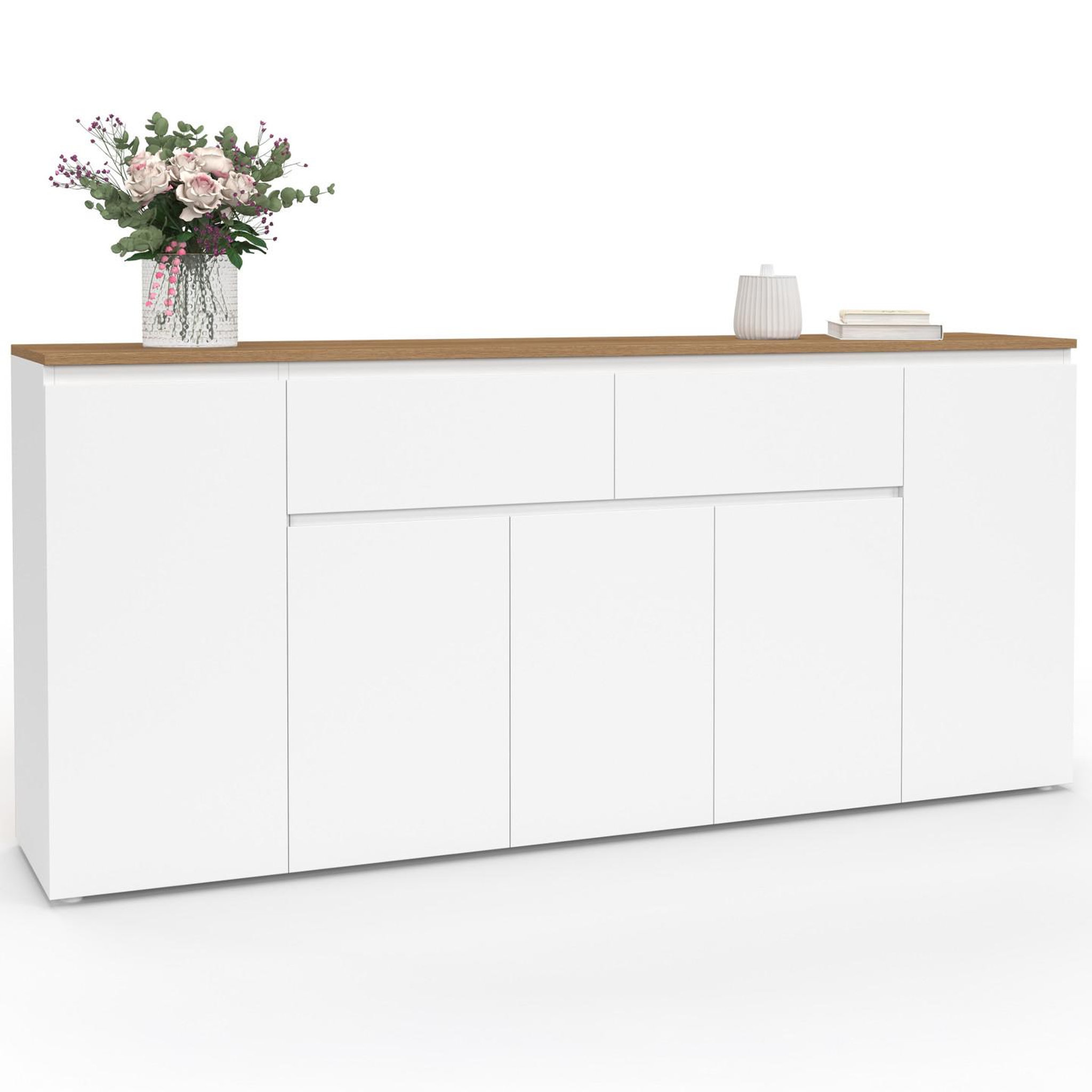 ID MARKET Buffet 180 cm TOBY 5 portes et 2 tiroirs blanc et plateau bois