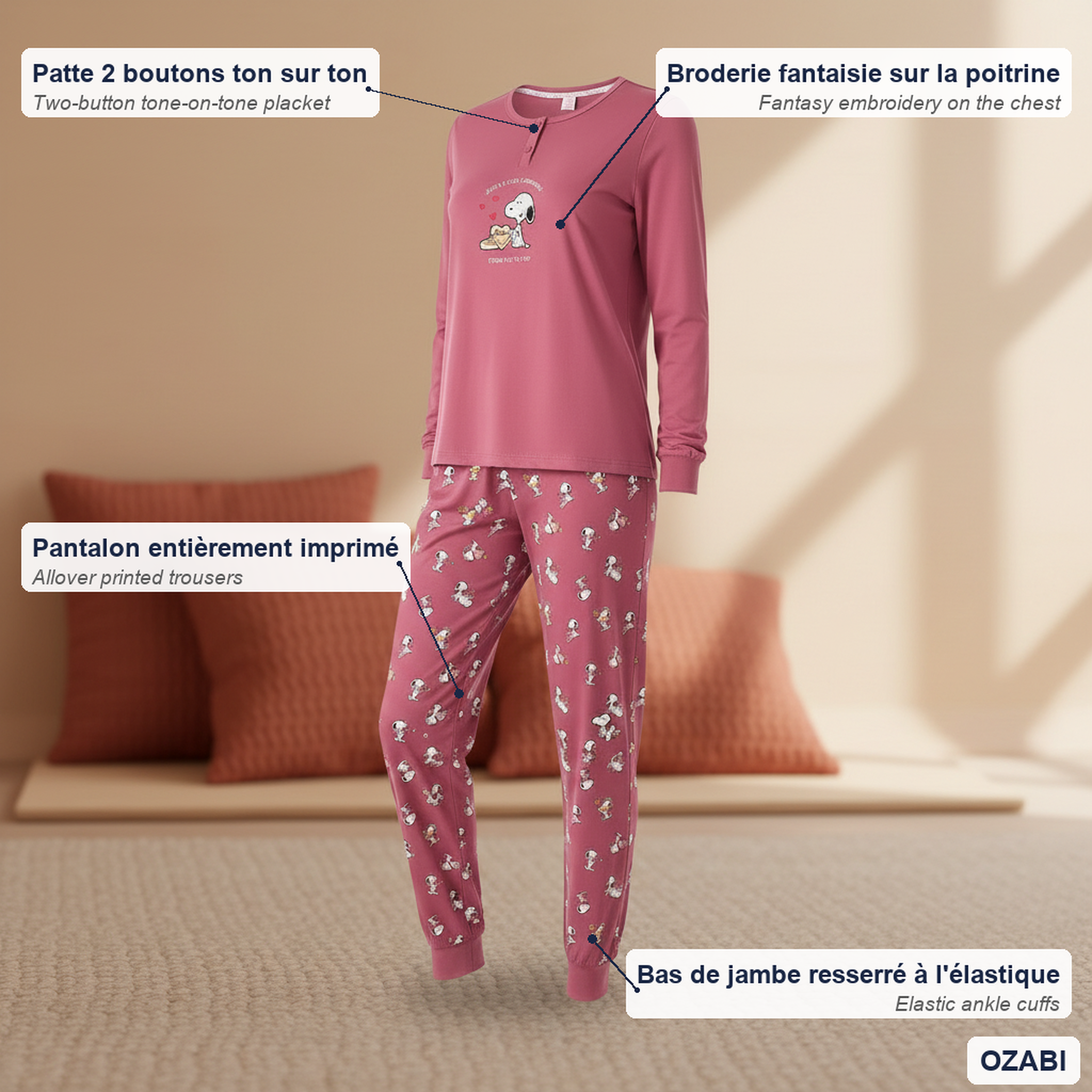 Voir la diapositive 5 : OZABI Ozabi ensemble pyjama femme léger broderie motif fantaisie