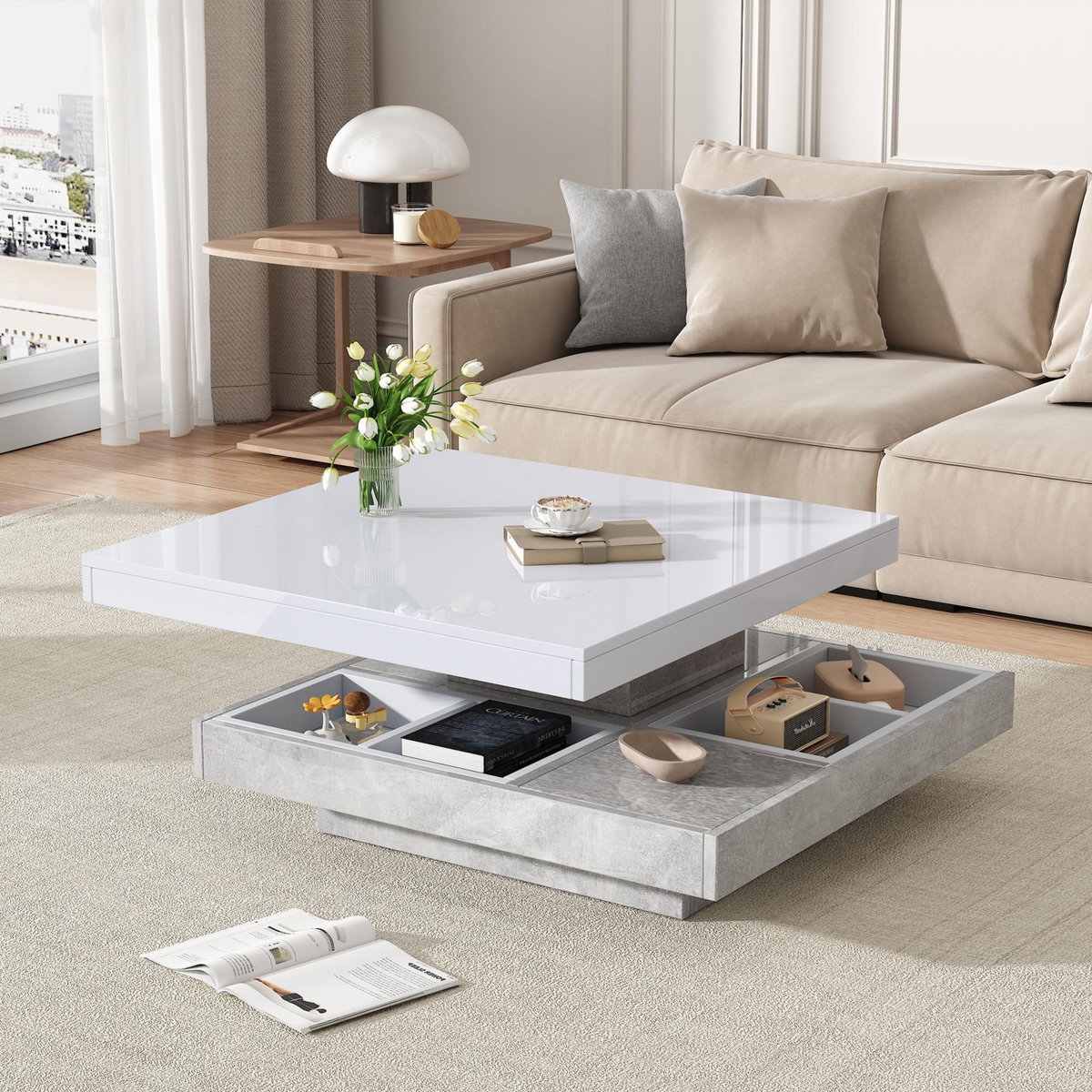 MERAX Table Basse Carrée Avec Un Bureau Rotatif à 360° Et Plusieurs Compartiments De Rangement