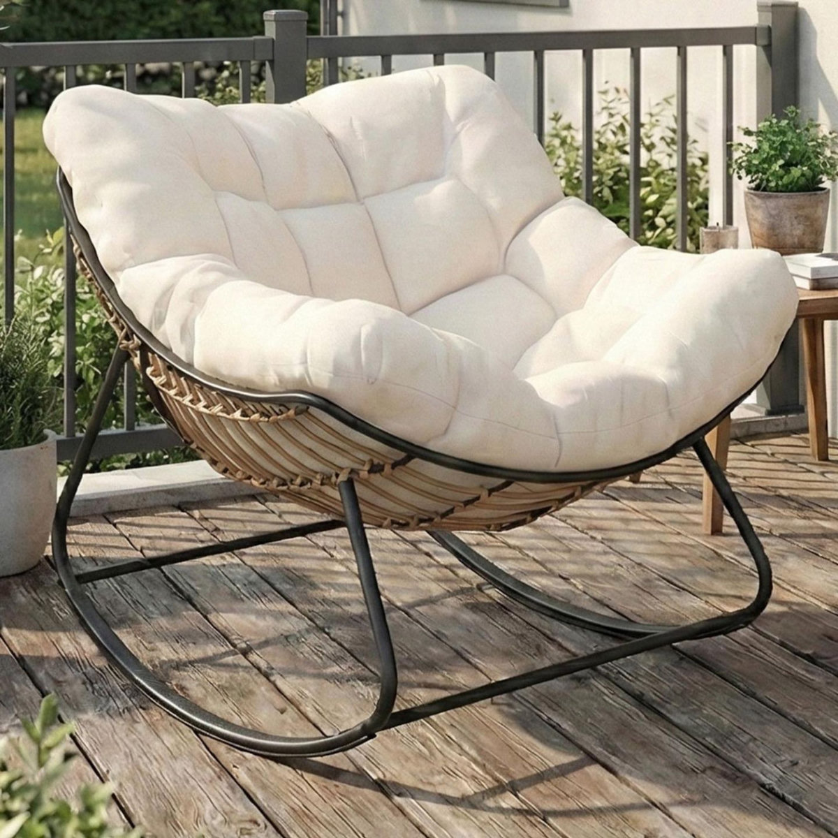 ID MARKET Fauteuil de jardin à bascule LOA effet rotin avec coussin écru