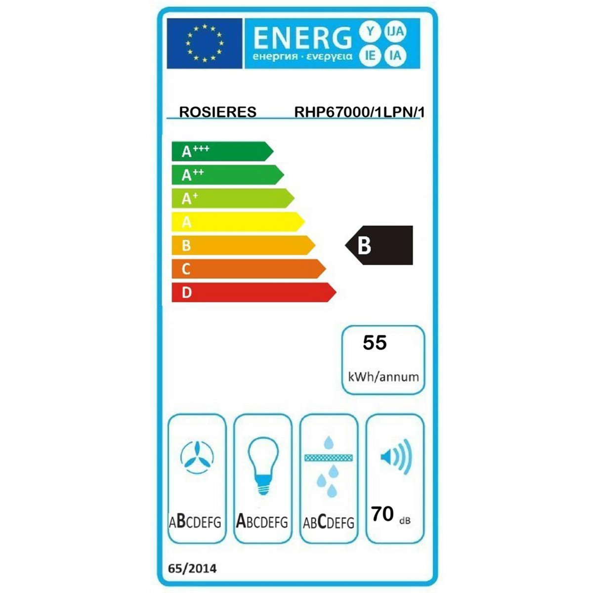 Rosieres Hotte décorative murale 60cm 70db 620m3/h noir - rhp67000/1lpn/1