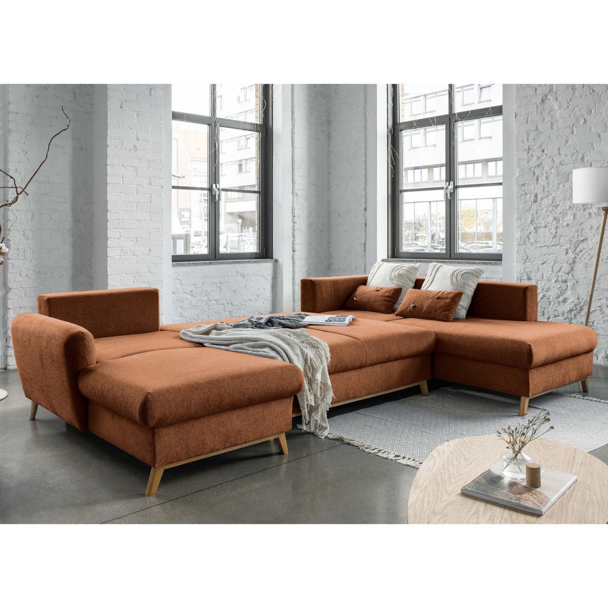 BEST MOBILIER Lagom - canapé d'angle panoramique - convertible - avec coffre - en tissu - 7 places - droit