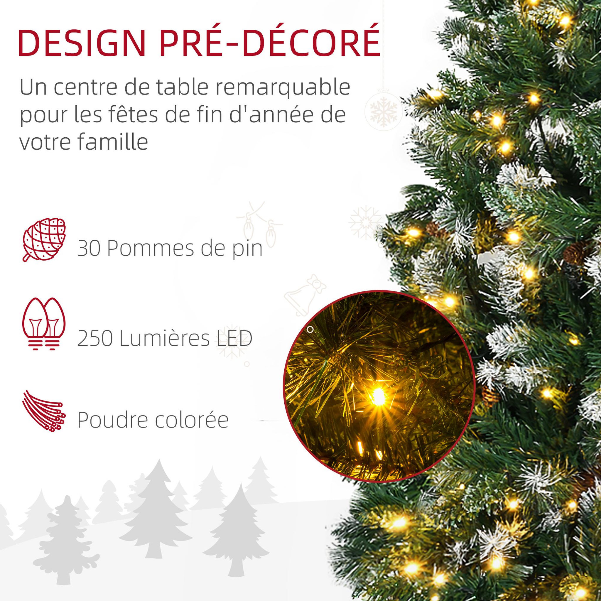 Voir la diapositive 6 : HOMCOM Sapin de Noël artificiel lumineux LED x 250 blanc chaud 30 pommes de pin H. 180 cm 703 branches vert effet neige