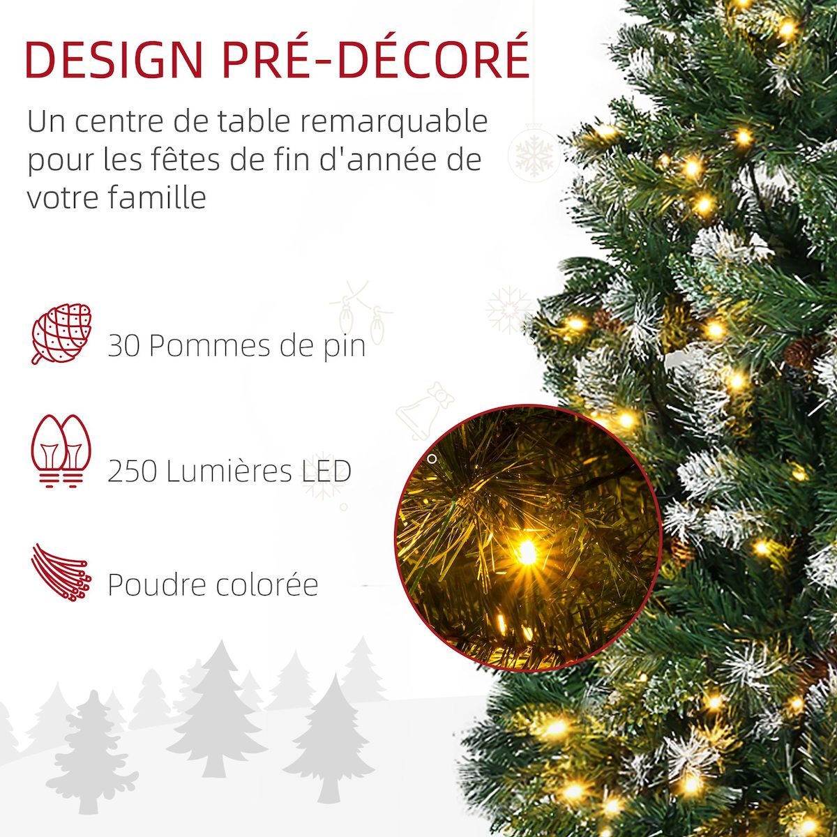 HOMCOM Sapin de Noël artificiel lumineux LED x 250 blanc chaud 30 pommes de pin H. 180 cm 703 branches vert effet neige