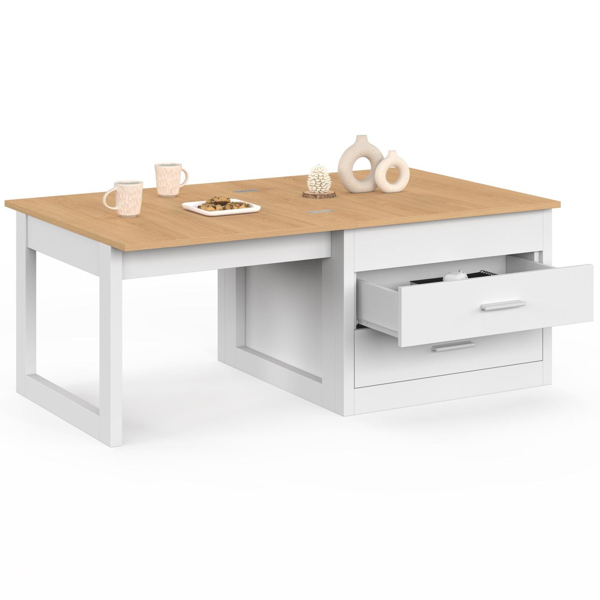 ID MARKET Table basse extensible et relevable en table à manger AMAYA 120 cm 2 modules avec 2 tiroirs blanc et bois
