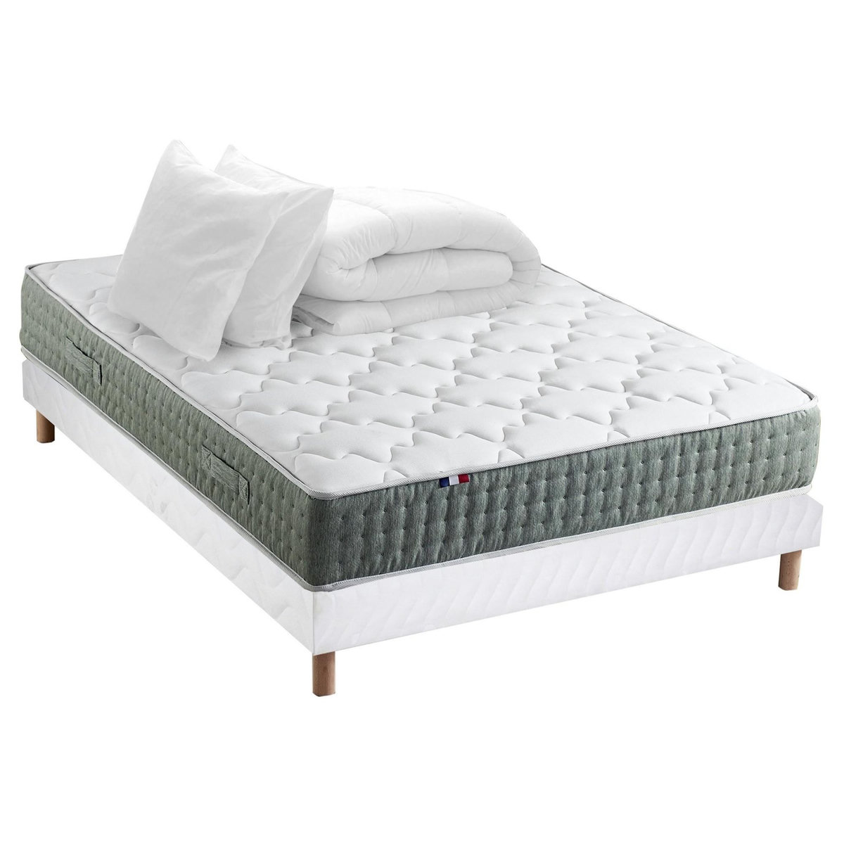 IDLITERIE Ensemble matelas Ressort 7 zones HYGGE + Sommier + couette + oreillers Fabriqué en France