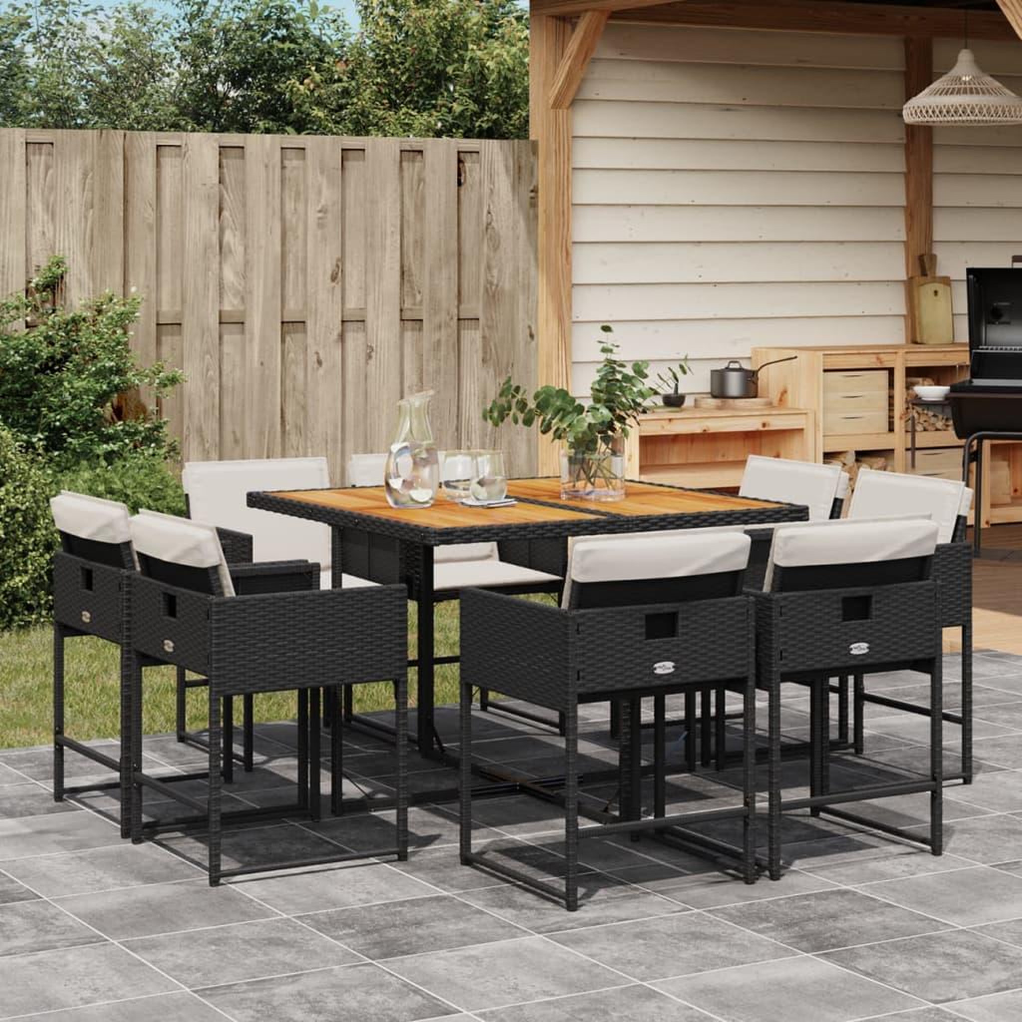 VIDAXL Ensemble a manger de jardin 9pcs coussins noir resine tressee