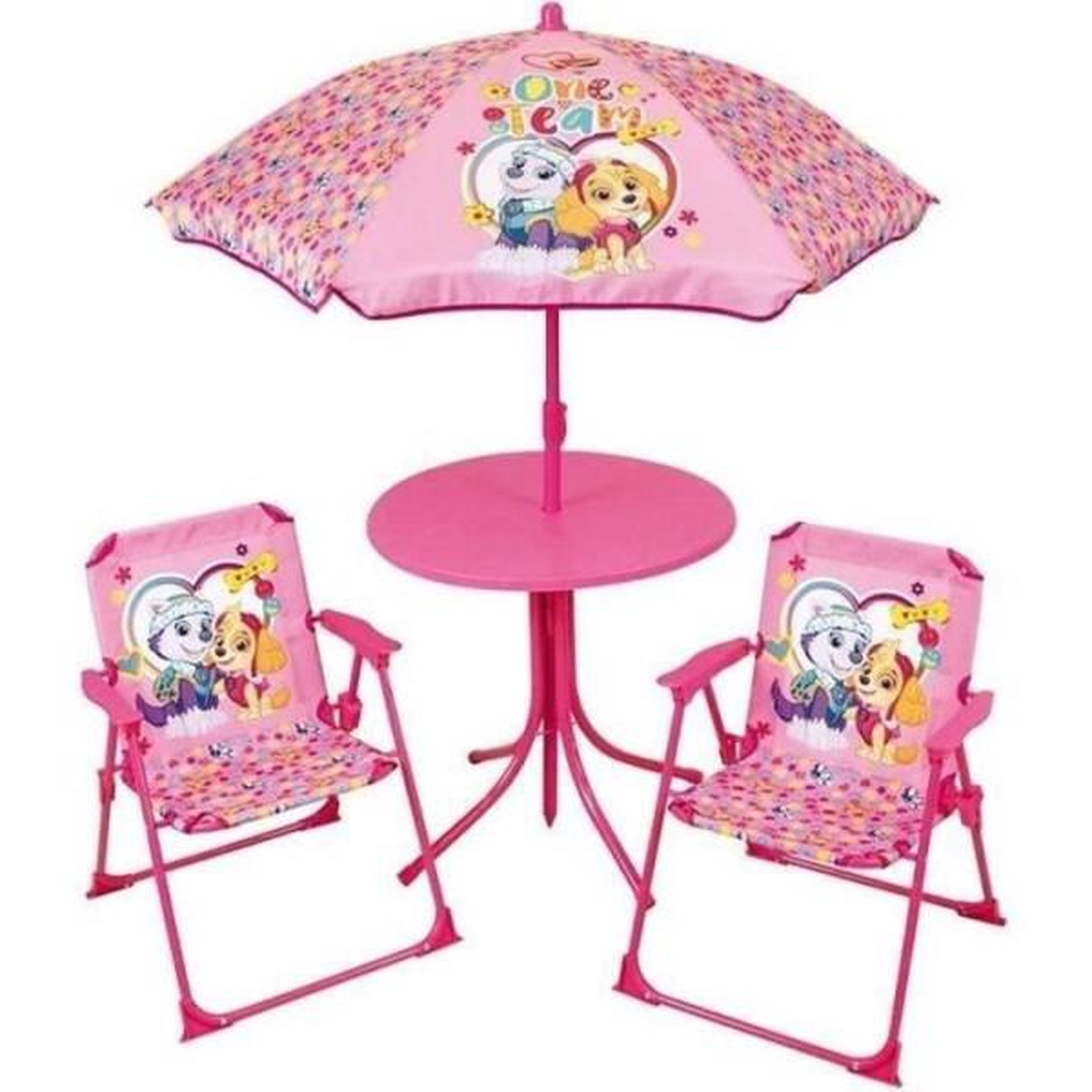 Fun House Salon de jardin FUN HOUSE PAT'PATROUILLE - 1 table 46xø46 cm, 2 chaises H.53xl.38,5xP.37,5cm et 1 parasol