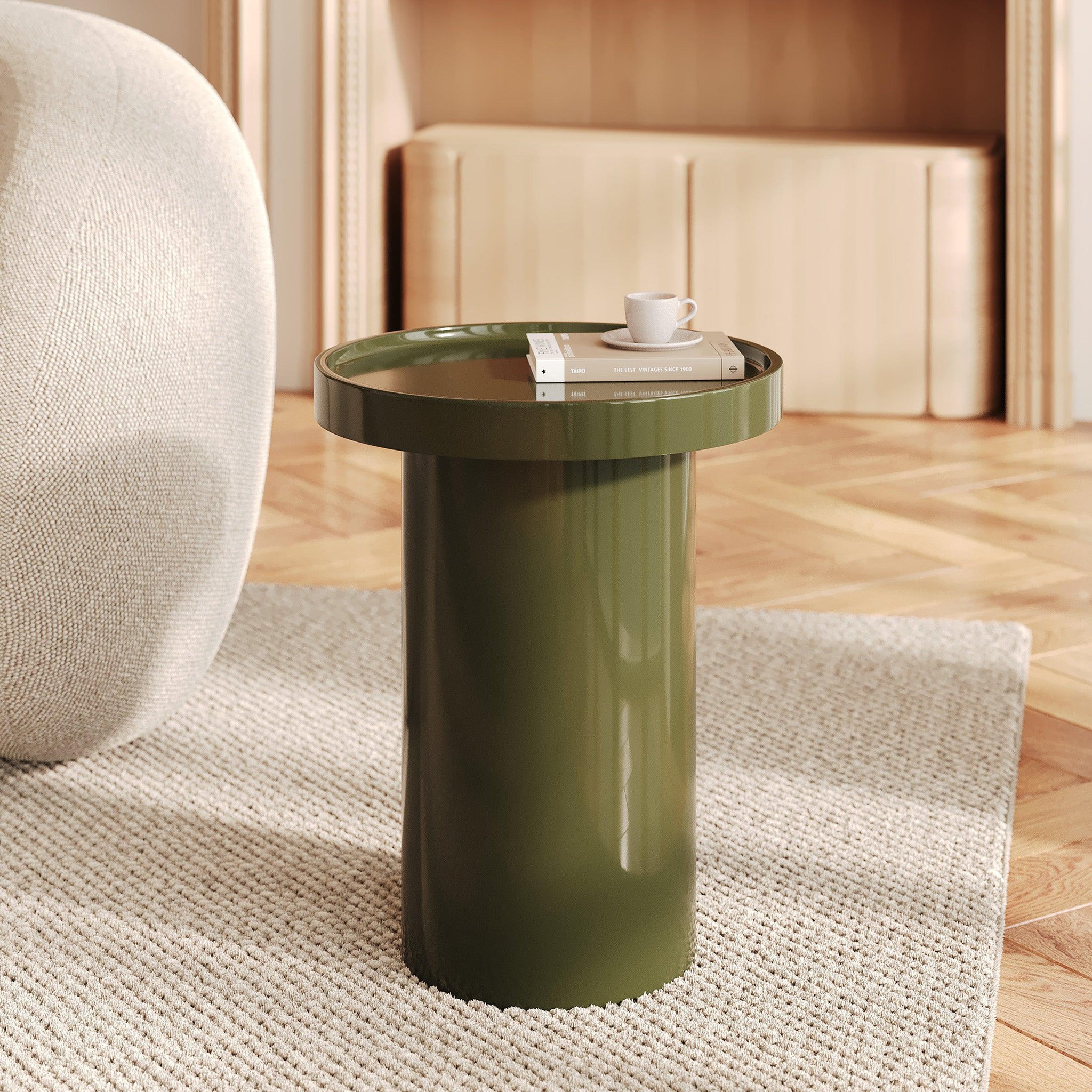 Voir la diapositive 2 : MAISON PAVANE Table d'appoint laquée vert olive en MDF, D40 cm-Nora