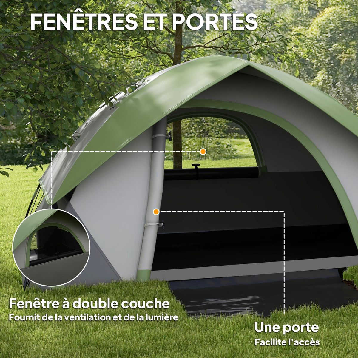 OUTSUNNY Tente de camping 2 personnes dôme étanchéité 3000 mm tapis de sol sac transport vert gris