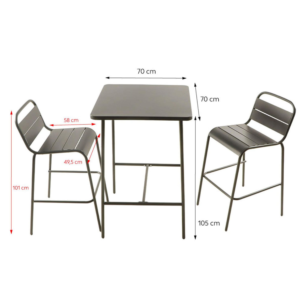 CONCEPT USINE Ensemble table de bar et 2 chaises hautes d'extérieur gris foncé BERGAME
