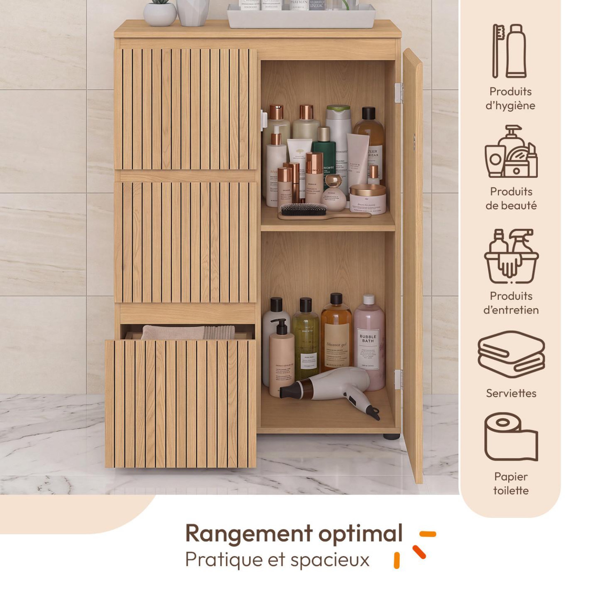 Voir la diapositive 3 : ID MARKET Meuble de rangement salle de bain victor 3 tiroirs avec placard effet lattes