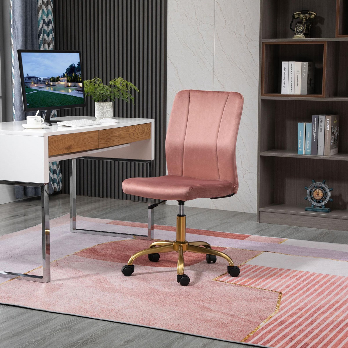 VINSETTO Vinsetto Chaise de bureau style Art déco hauteur réglable pivotante 360° piètement métal doré velours rose poudré