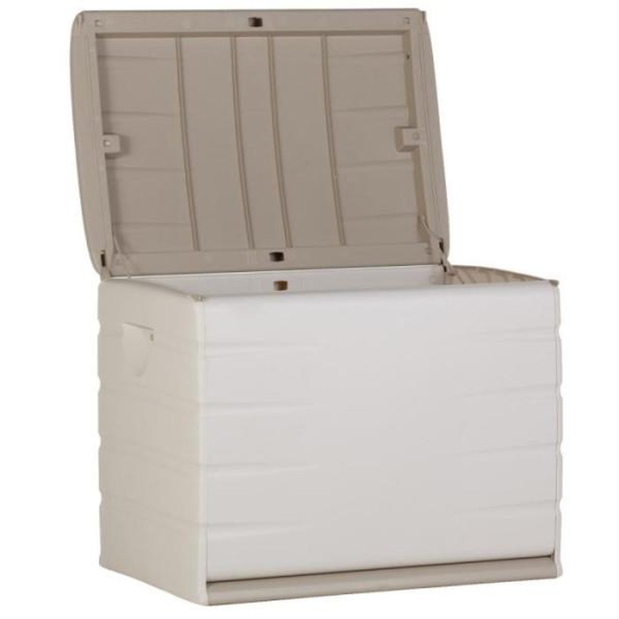 Voir la diapositive 2 : PLASTIKEN PLASTIKEN Coffre 260L Intérieur/Extérieur Fonctionnel et Esthétique Cadenassable avec Roulettes Beige