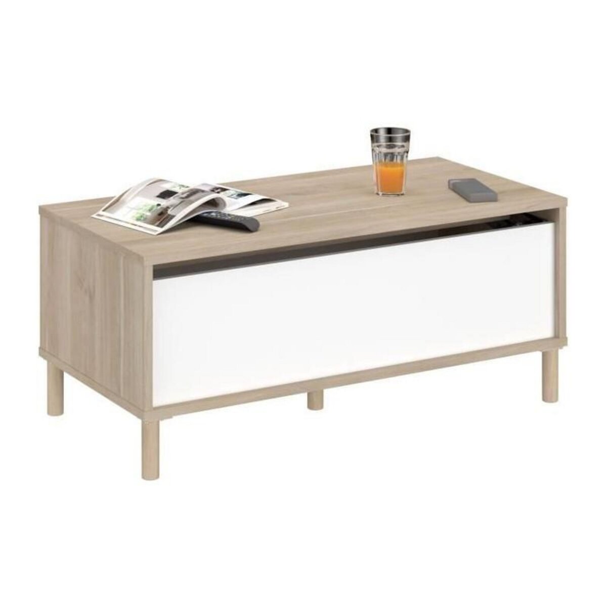 PARISOT Table basse - Rectangulaire - Décor blanc / Chene - Dessus relevable - 4 pieds - 100,8 x 43,6 x 50 cm