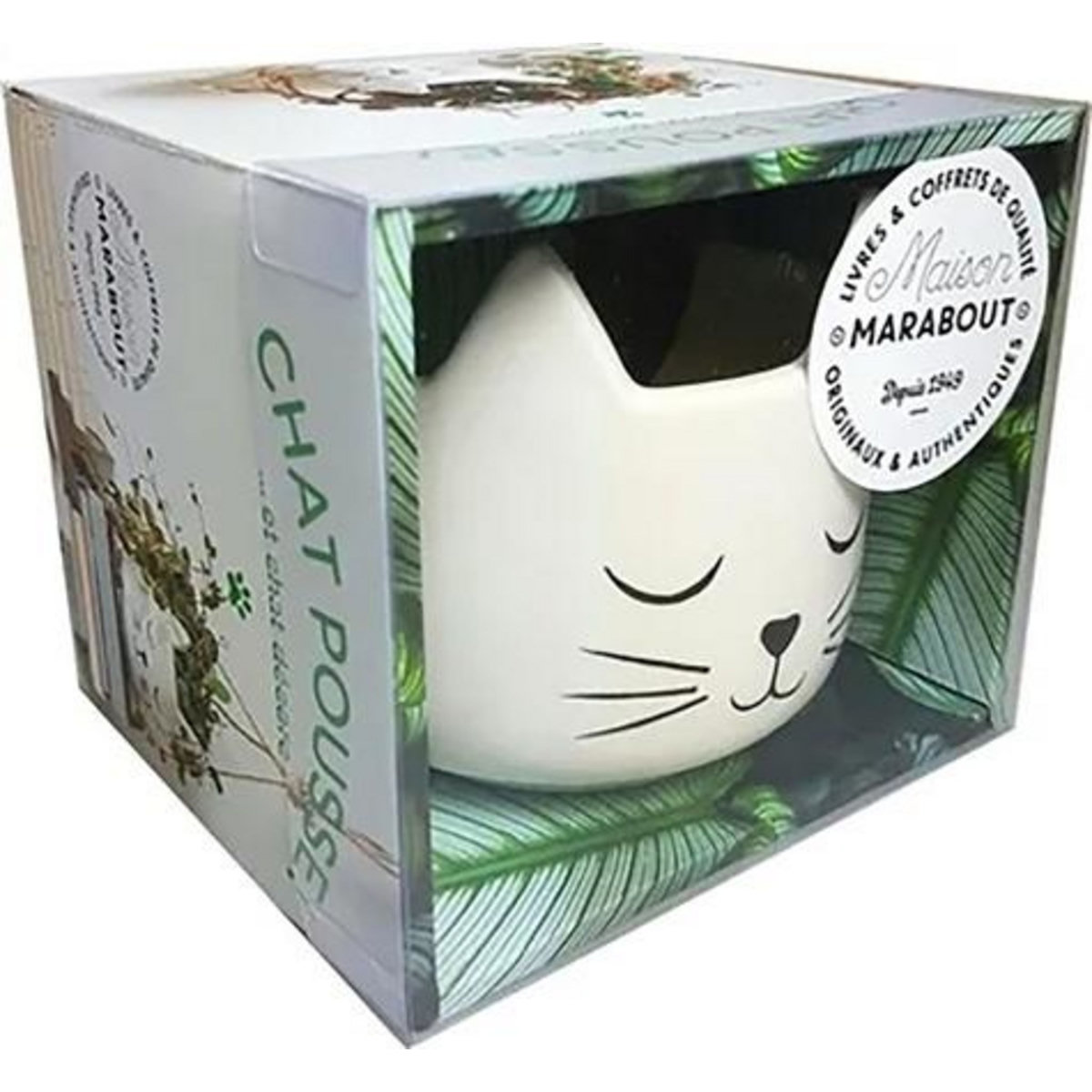 COFFRET CHAT POUSSE !...ET CHAT DECORE. COFFRET AVEC UN GUIDE DE SURVIE POUR PLANTES D'INTERIEUR, UN POT EN FORME DE TETE DE CHAT ET UNE CORDE POUR LE SUSPENDRE, Wild Adrienne