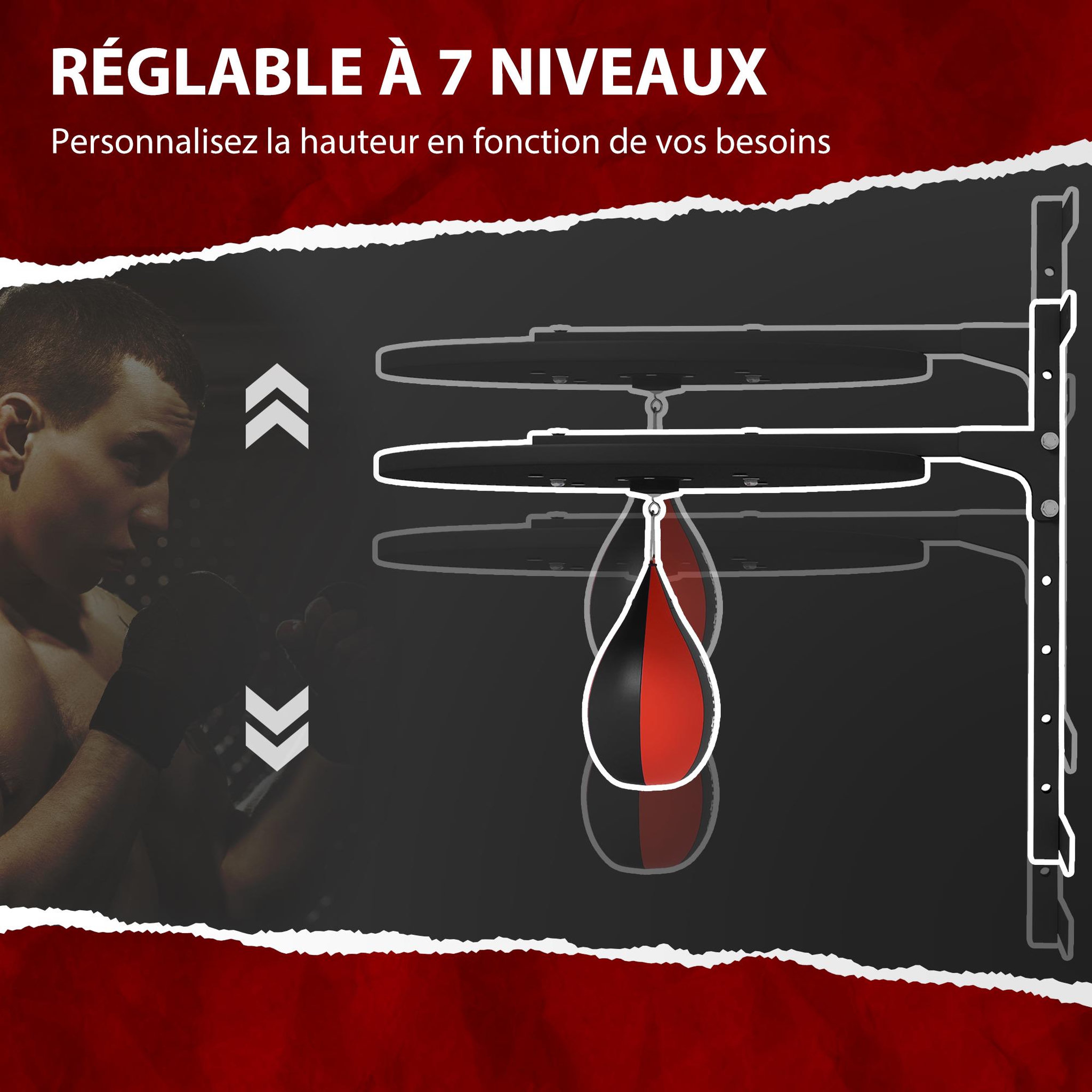 Voir la diapositive 4 : HOMCOM Punching ball poire de vitesse boxe avec support plateau tournant + pompe mdf acier revêtement synthétique rouge noir