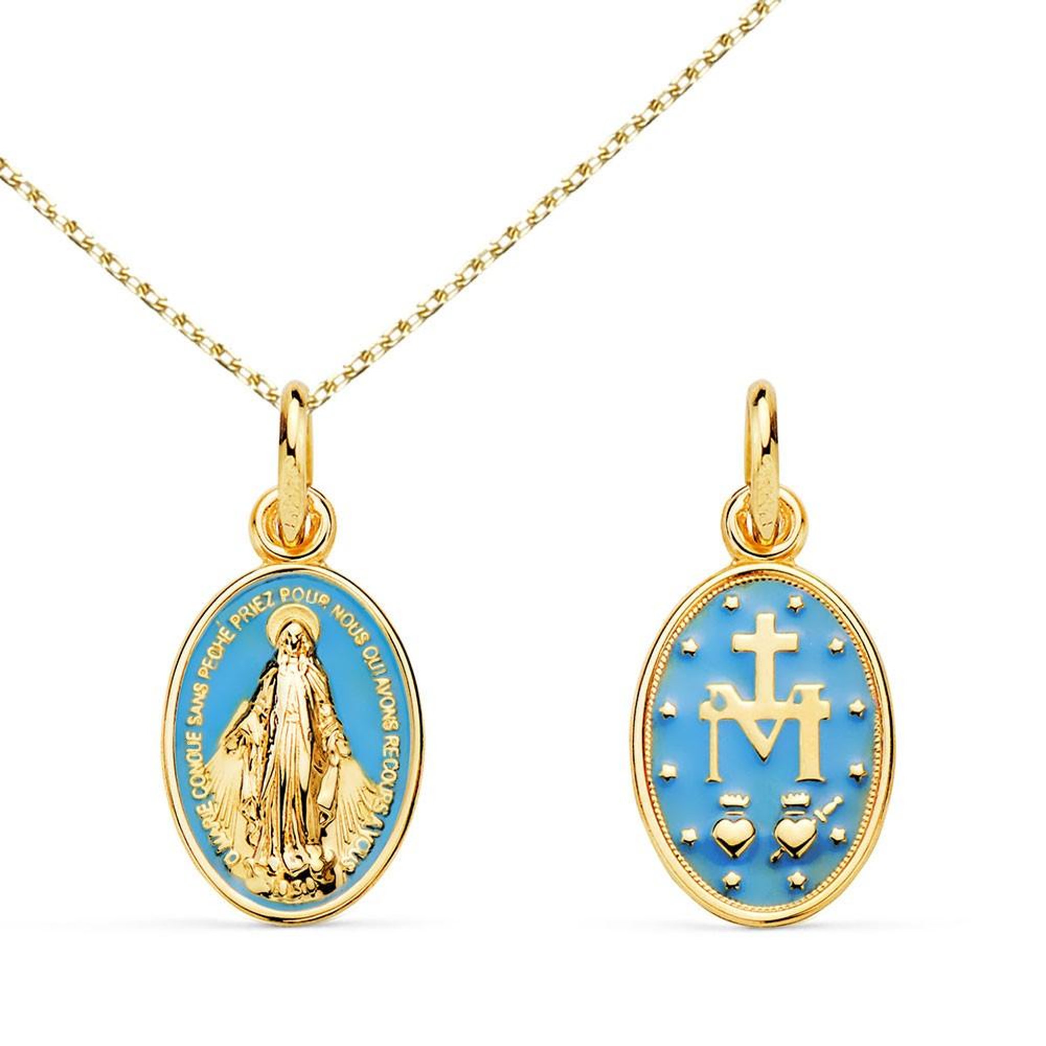L'ATELIER D'AZUR Médaille Vierge Miraculeuse Or Jaune 18 Carats 750 et Email Bleu - Chaîne Dorée