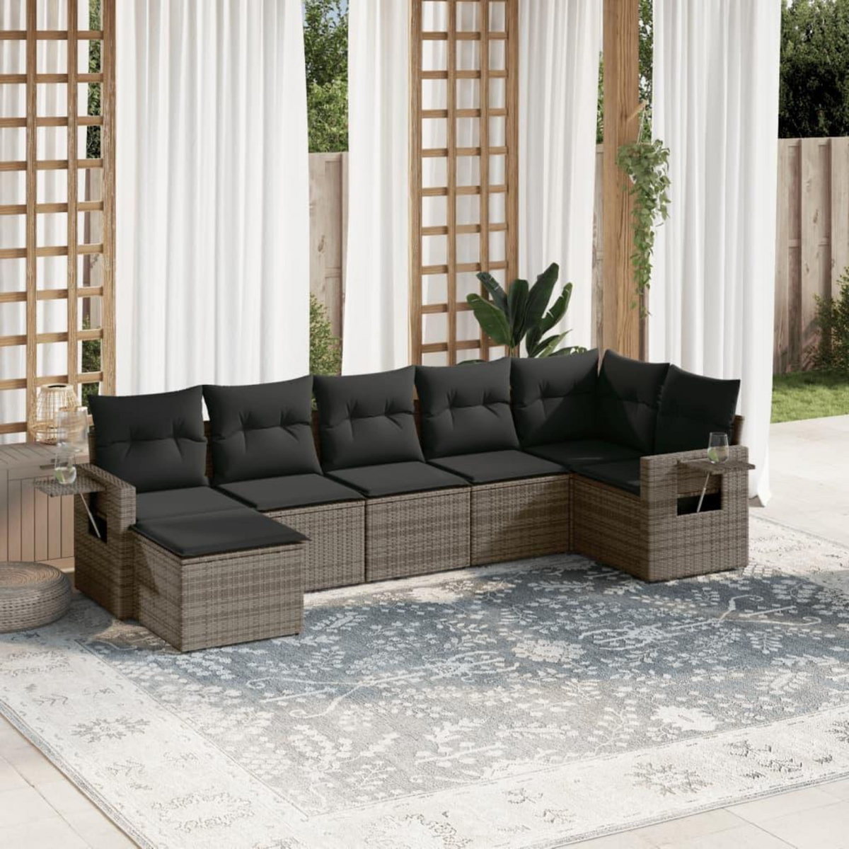 VIDAXL Salon de jardin avec coussins 7 pcs gris resine tressee