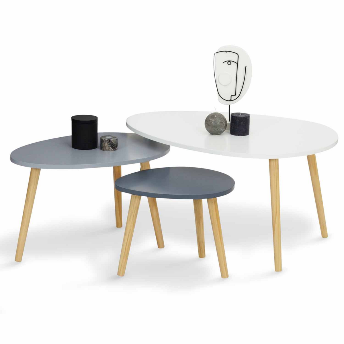 ID MARKET Lot de 3 tables basses gigognes GAIA laquées blanc gris scandinave