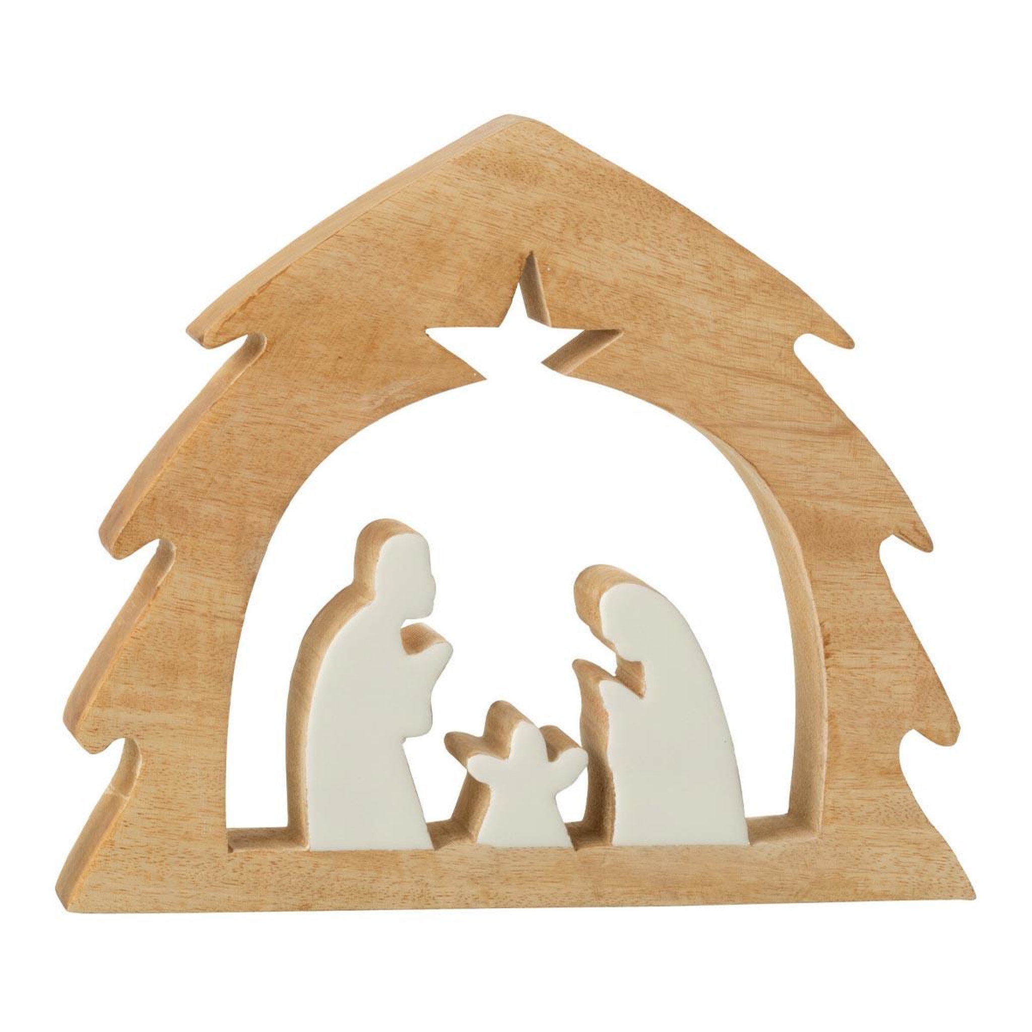 J-LINE Crèche sapin en bois  ajourée  27cm blanc & naturel