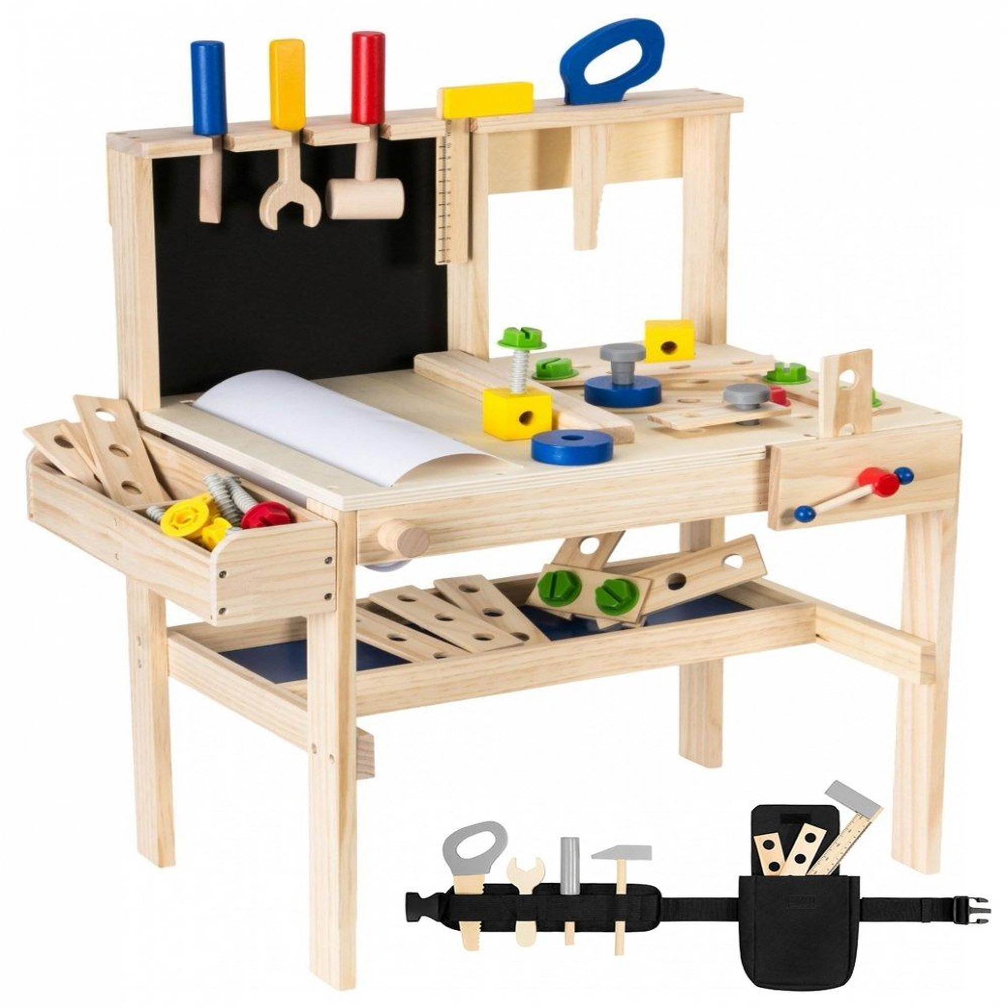 MAMABRUM Etabli Enfant Atelier de Bricolage Bois avec Ceinture Papier Tableau, Kit 75 Pièces Table de travail