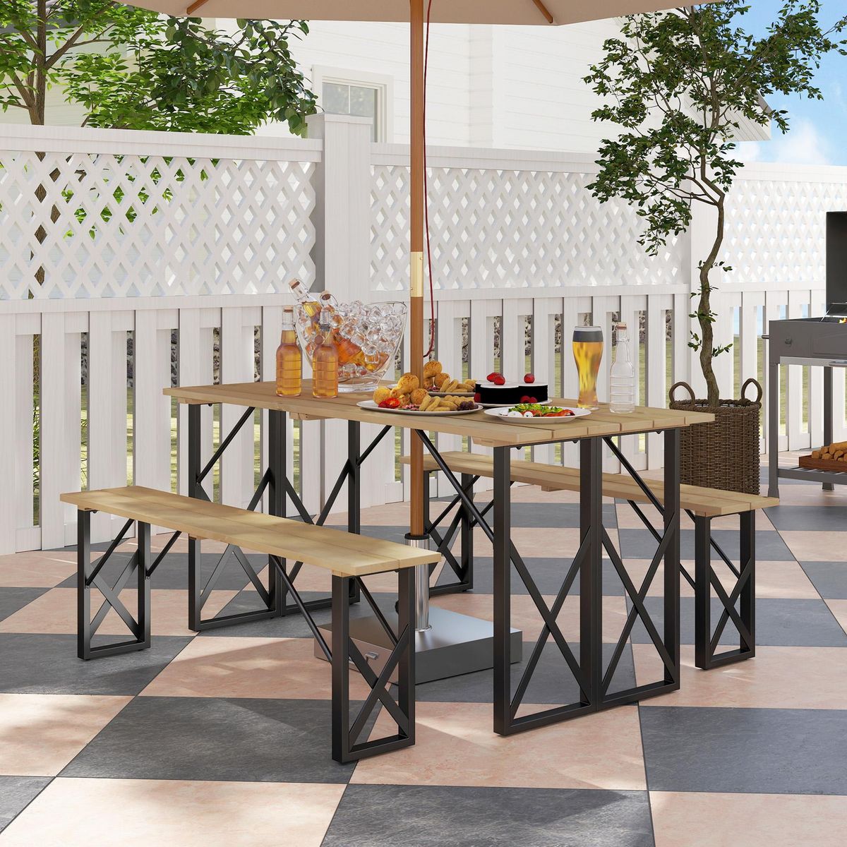 OUTSUNNY Ensemble table et 2 bancs en bois 6 personnes - table 160 cm avec espace parasol - acier épicéa