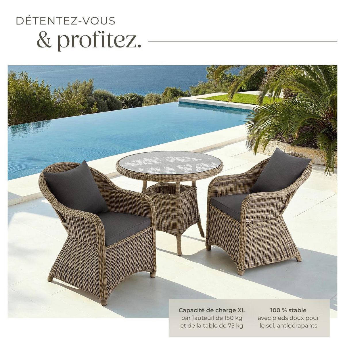 tectake Salon de jardin avec cadre en aluminium marron naturel