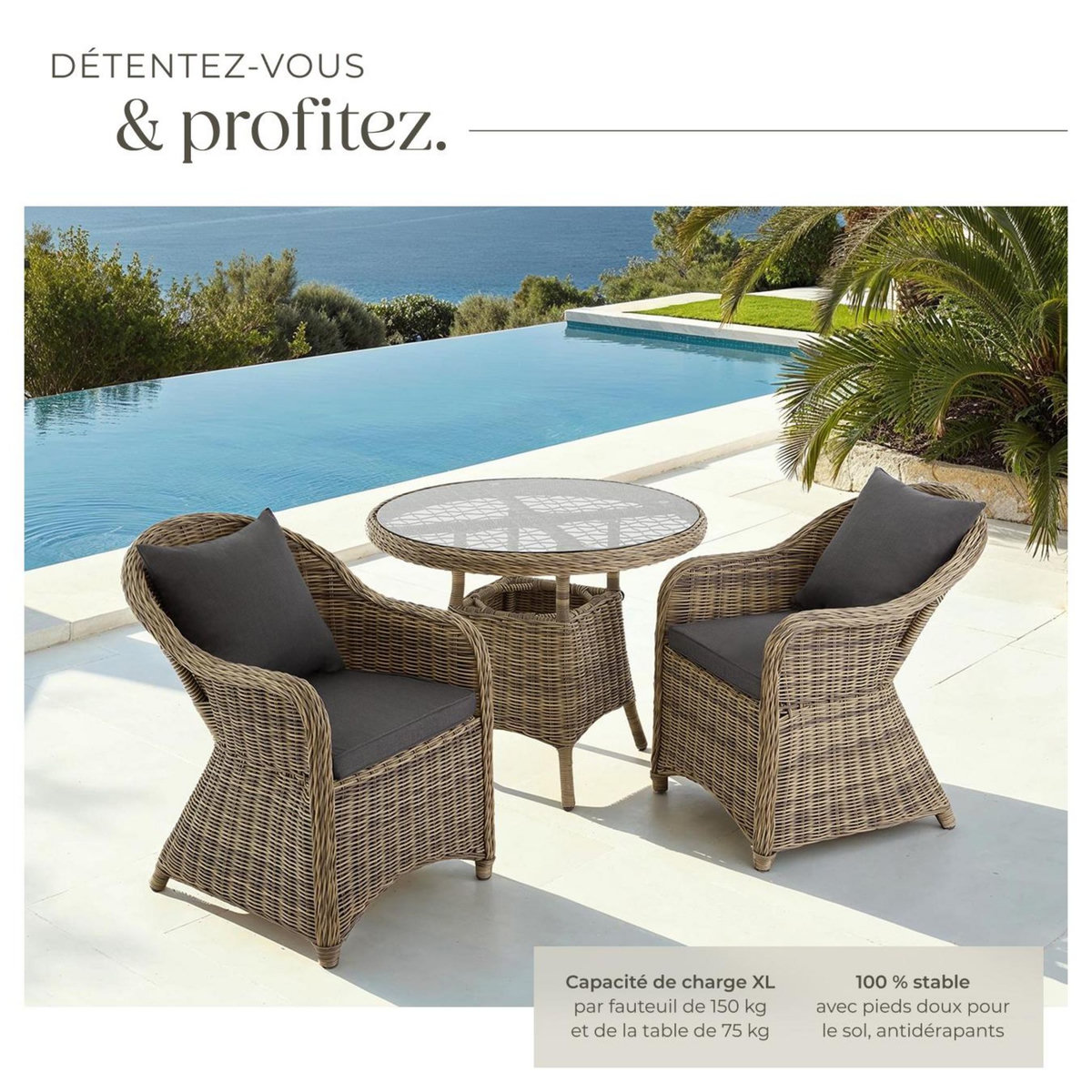 tectake Salon de jardin avec cadre en aluminium marron naturel