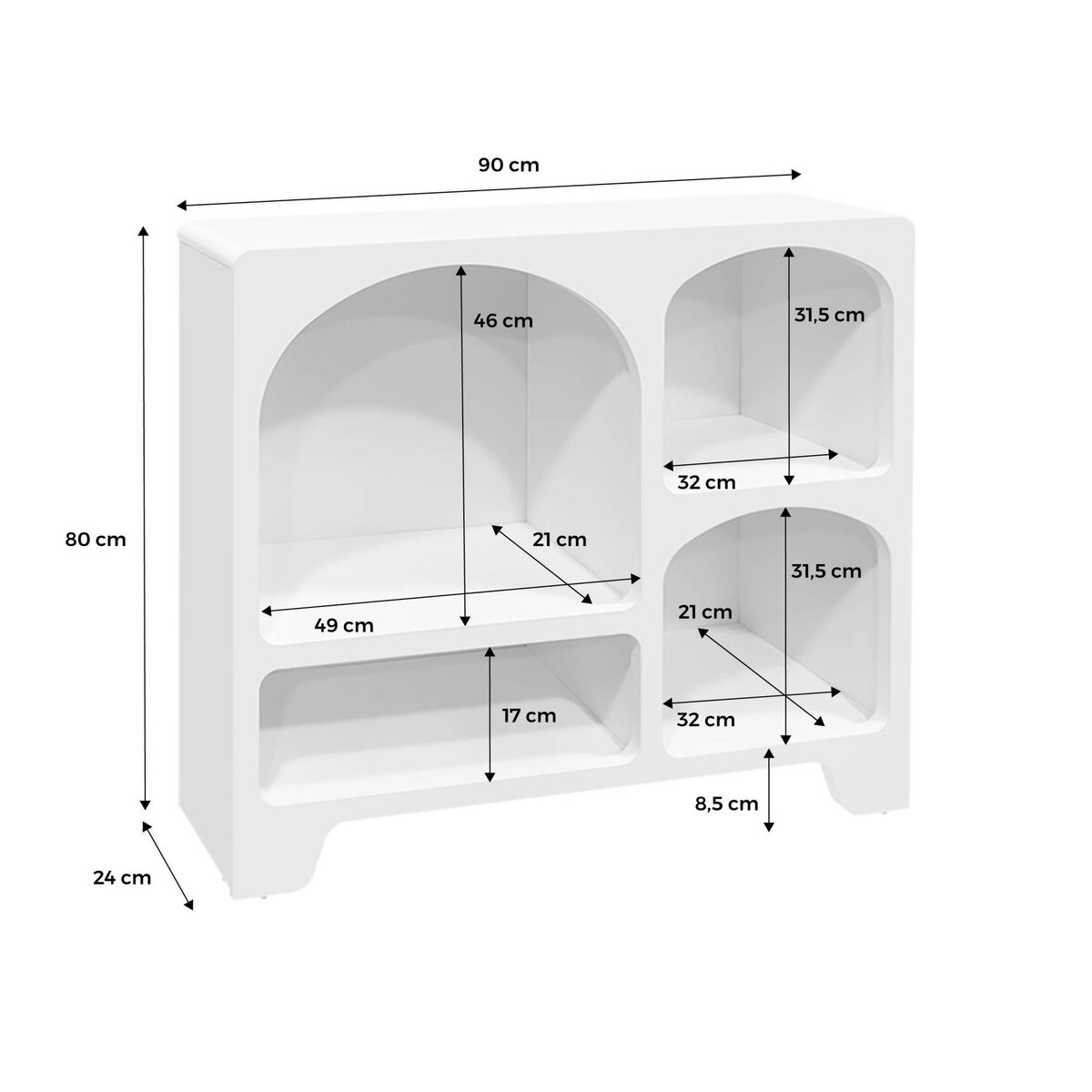 SWEEEK Buffet organique plusieurs niches 4 compartiments. buffet bas. effet bois blanc 90cm