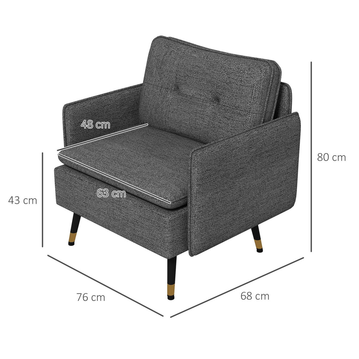 HOMCOM Fauteuil style art-déco dossier effet capitonné piètement incliné effilé métal noir extrémités dorées tissu anthracite