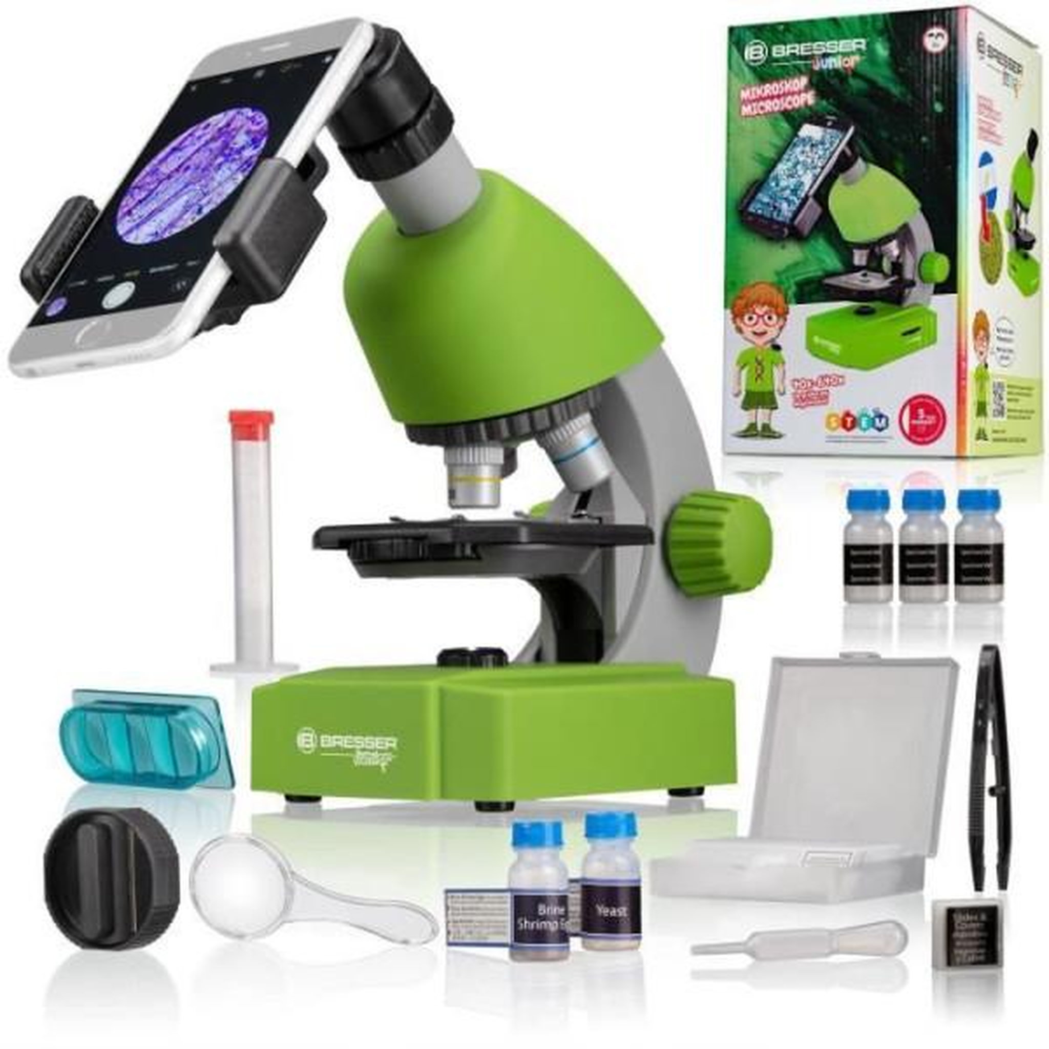 Bresser Microscope 40x-640x - bresser junior - éclairage led - kit d'expérimentation - vert