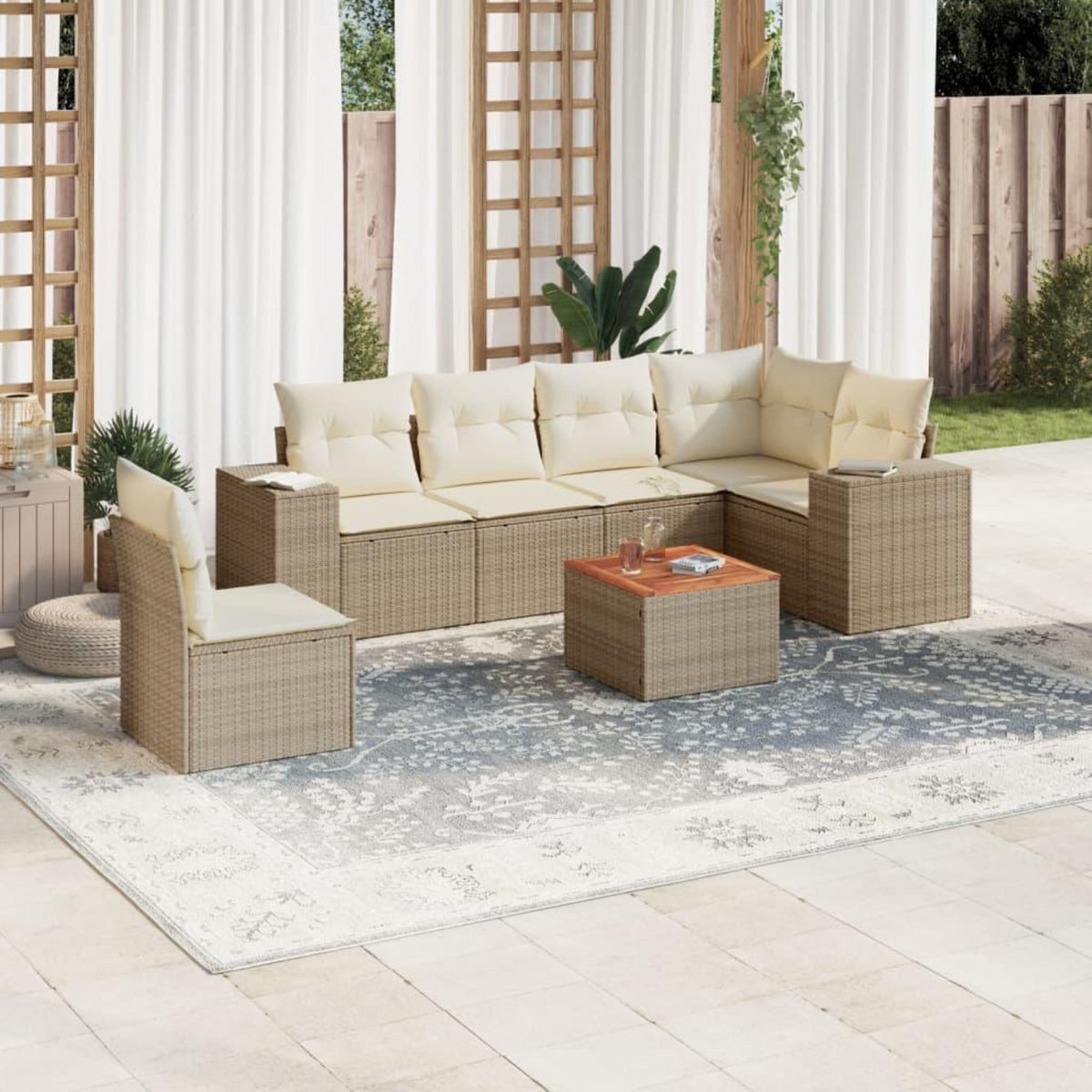 VIDAXL Salon de jardin avec coussins 7 pcs beige resine tressee