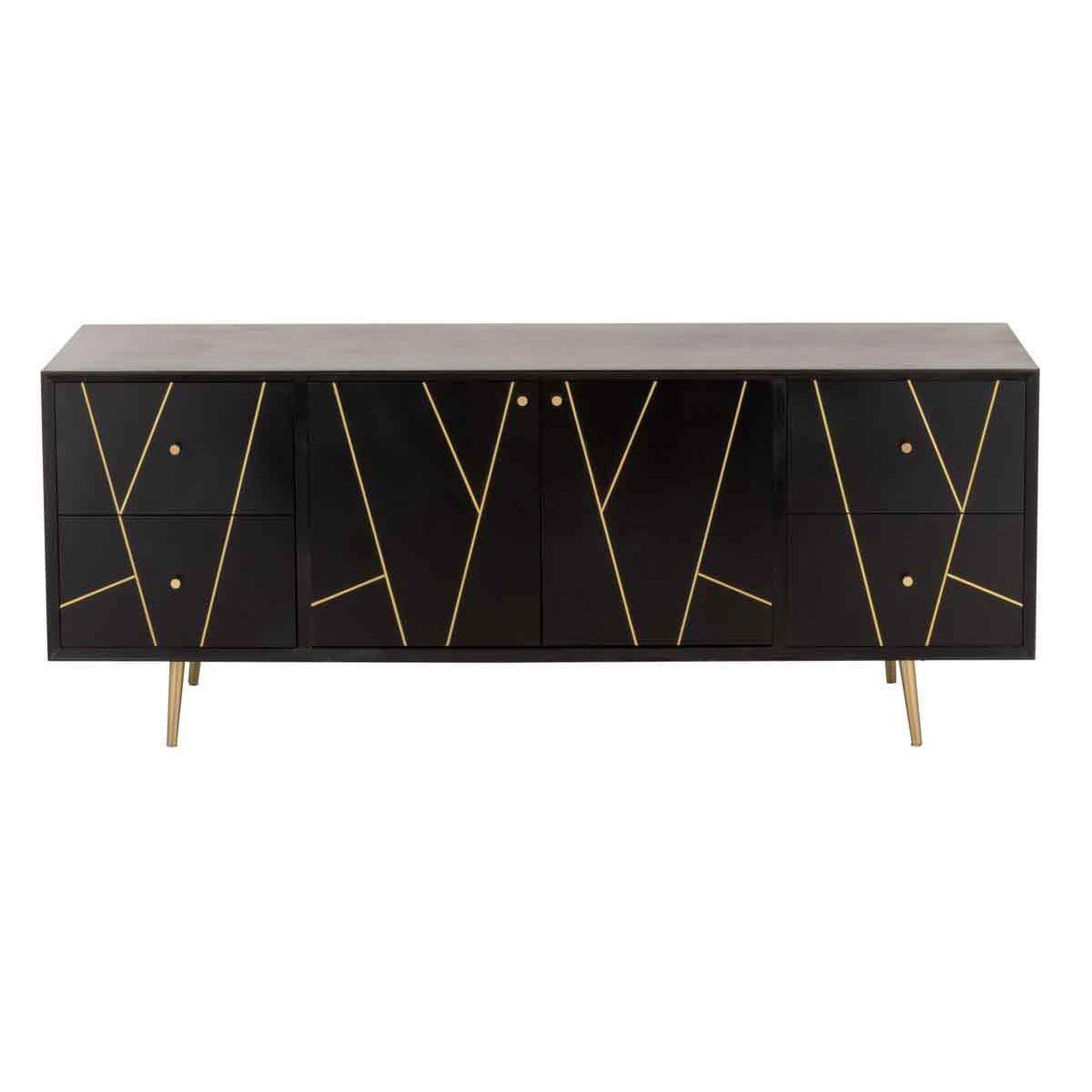 Voir la diapositive 2 : J-LINE Buffet 4 Tiroirs & 2 Portes  Remina  150cm Noir & Or