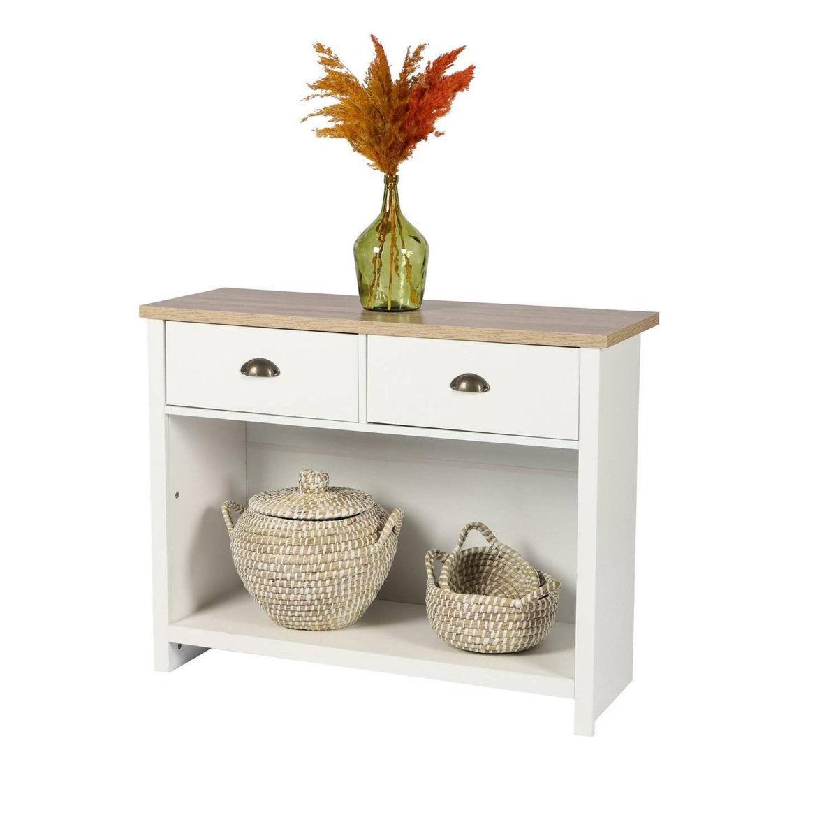 DIVERS Console 2 tiroirs et 1 niche de rangement en bois HANOI - Blanc