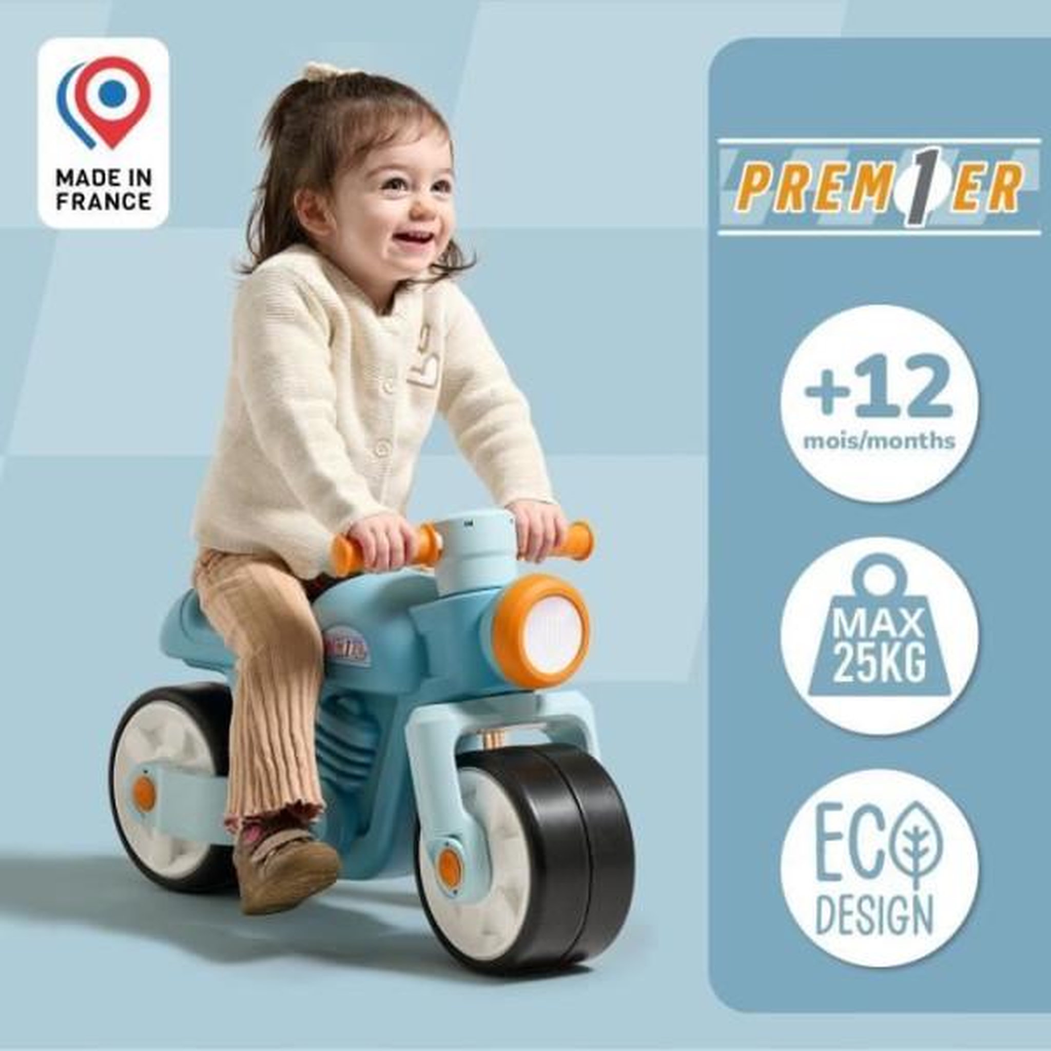Voir la diapositive 3 : FALK Draisienne Velo  Moto Premier - FALK - Avec roues silencieuses - Bleu - 75% Plastique Recyclé - 100% Fabriqué en France - Des 12 mo