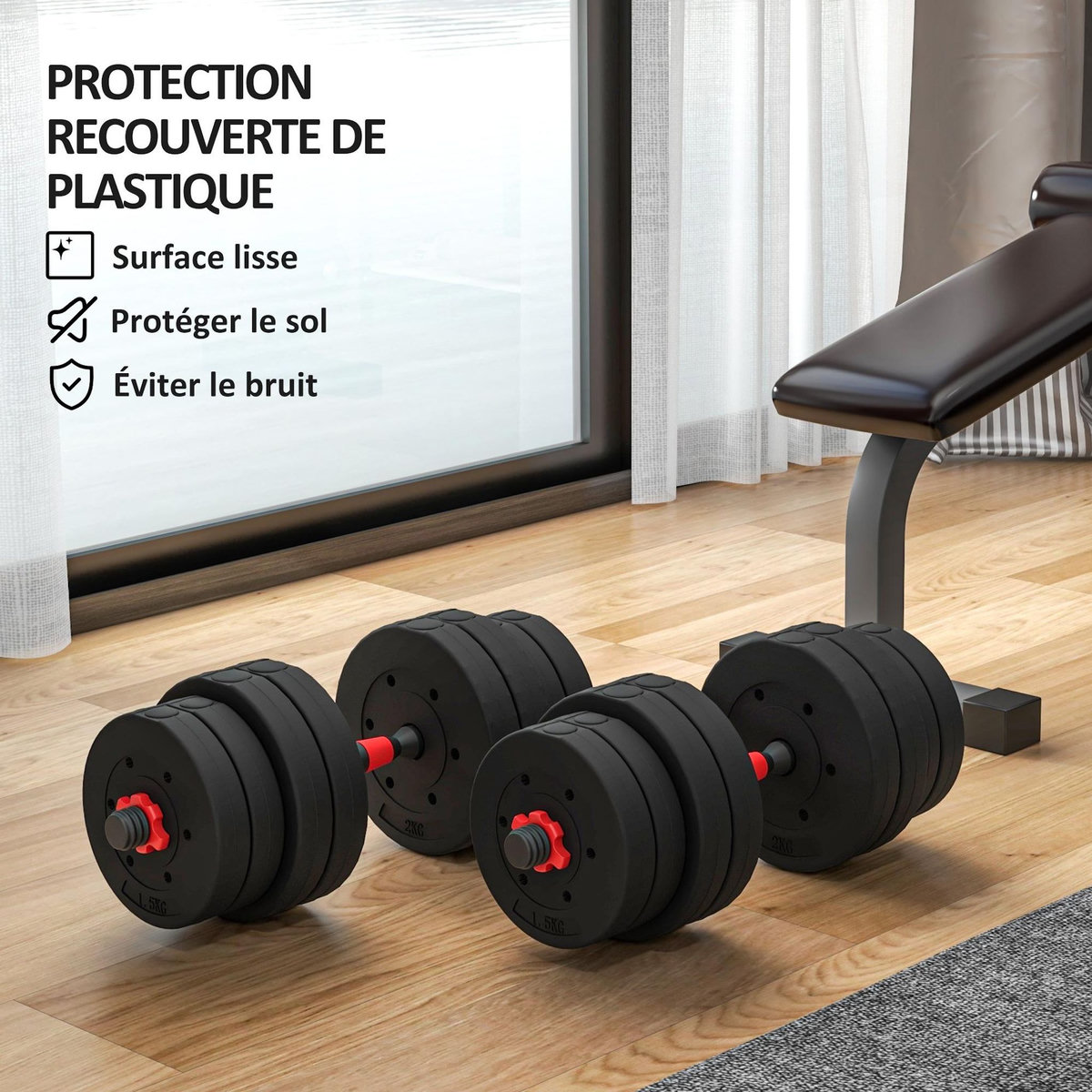 HOMCOM Ensemble d'haltères courtes total 30 Kg - barres incluses - entraînement musculaire & haltérophilie - acier HDPE noir rouge