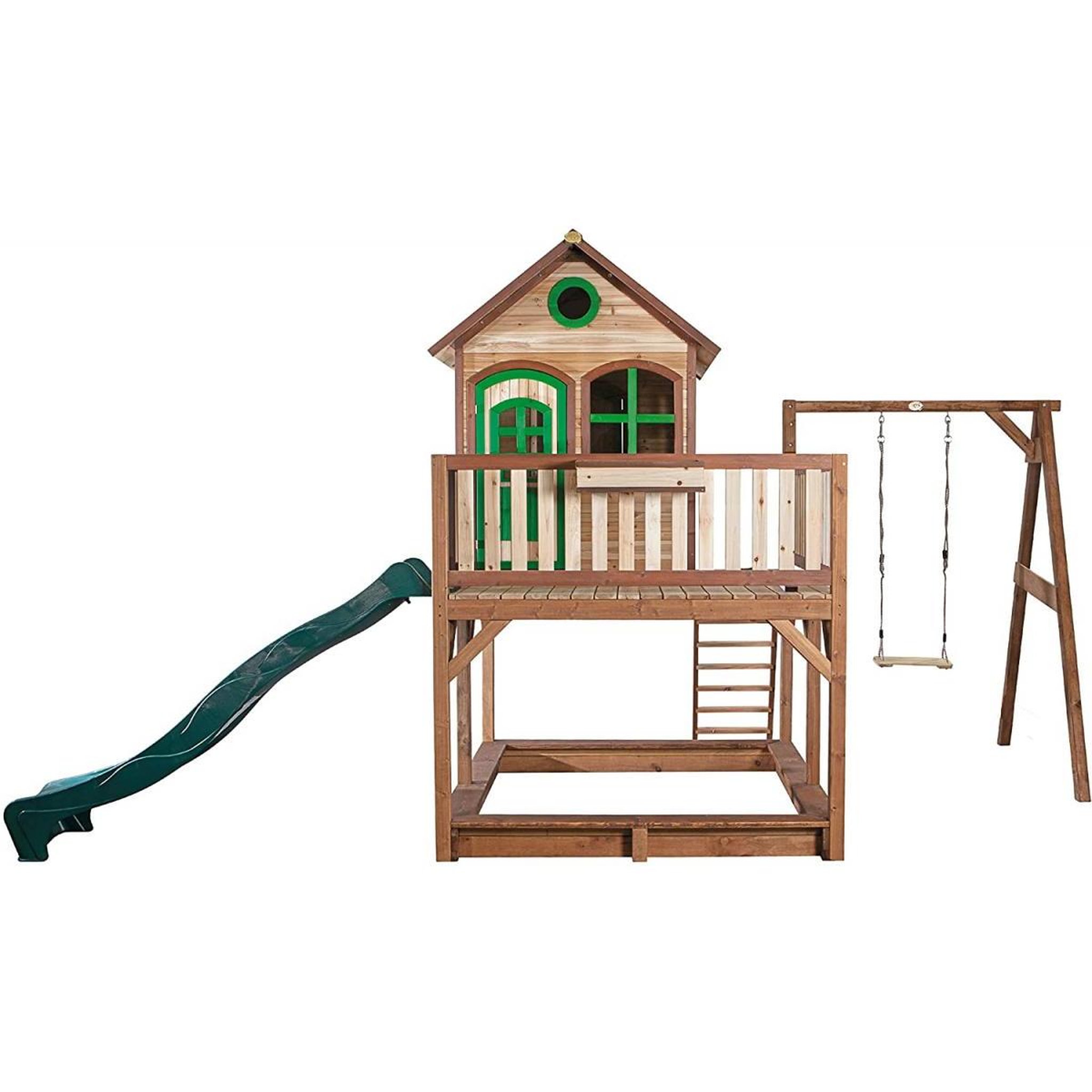 Voir la diapositive 2 : Axi House Axi Maisonnette LIAM Brun Vert avec 1 balancoire toboggan et bac à sable