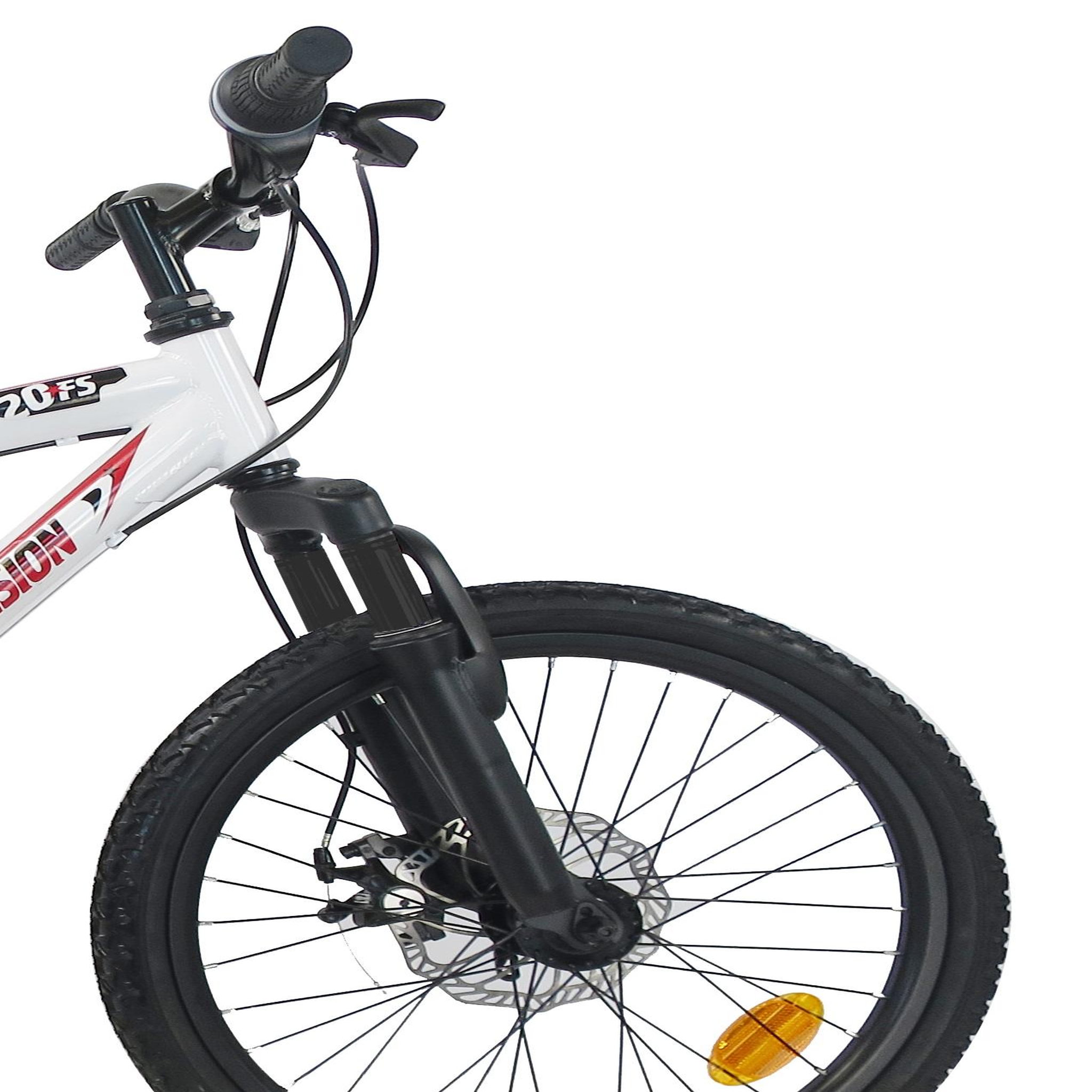 Voir la diapositive 4 : Vélo enfant (120/140 cm) - VTT 20'' Tout Suspendu Mixte - Fourche télescopique - 6 Vitesses  - Dérailleur Shimano TY21 - Freins avant à Disque et V brake arrière - Béquille